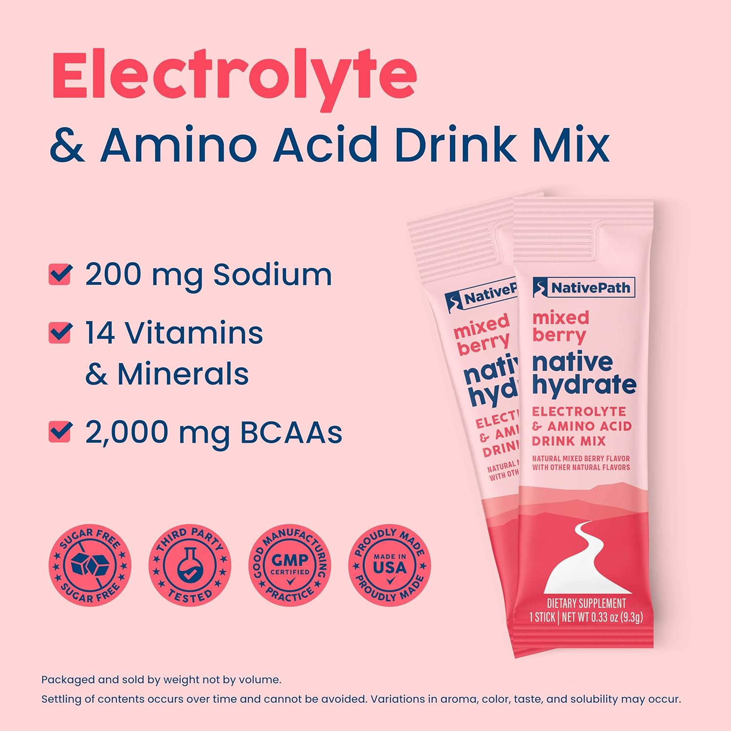 NativePath Hydrate Electrolyte Stick Packs, Mixed Berry, 30 Count | Single-Serve Sticks, 14 Vitamins & Minerals, 9 Aminos & 2000mg BCAAs, Zero Sugar, Hydration, Keto