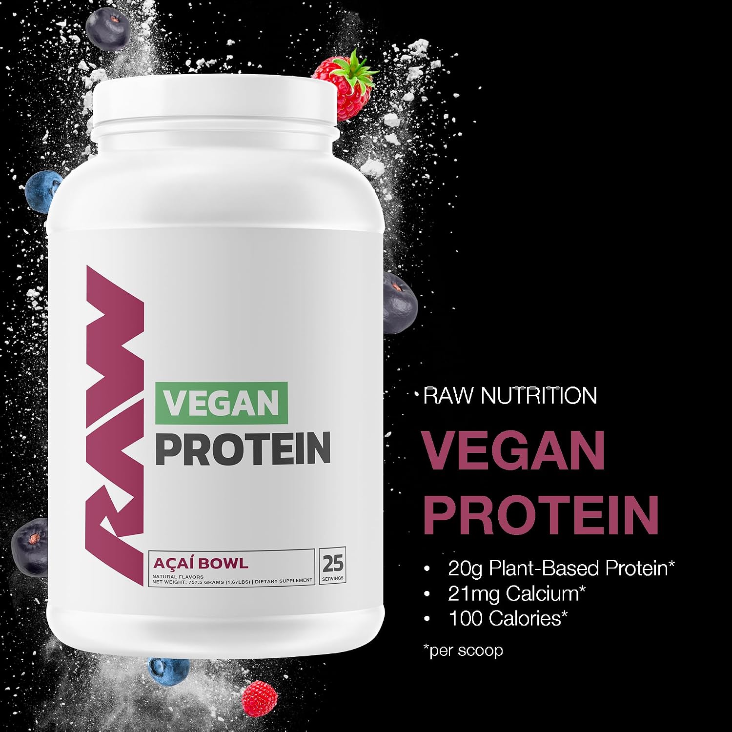 RAW Vegan Protein Powder, Acai Bowl - 20g of Plant-Based Protein Powder & Fortified with Vitamins for Muscle Growth & Recovery - Low-Fat, Low Carb, Naturally Flavored & Sweetened - 25 Servings