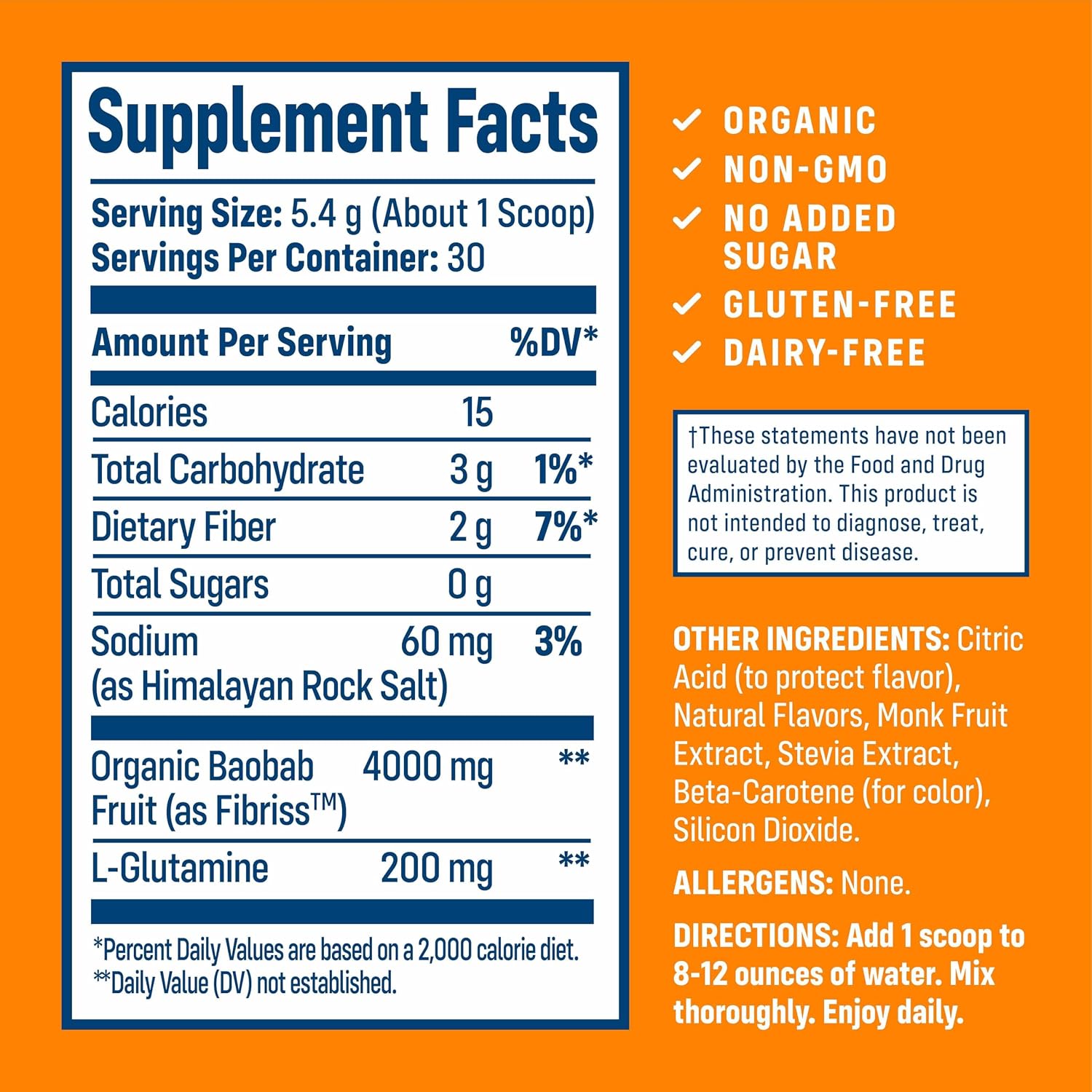 NativePath Baobab Prebiotic Fiber, Orange, Sugar-Free, 30 Servings | Organic Soluble Source, L-Glutamine, Supports Digestion, Regularity, Gut Health & Microbiome, Keto
