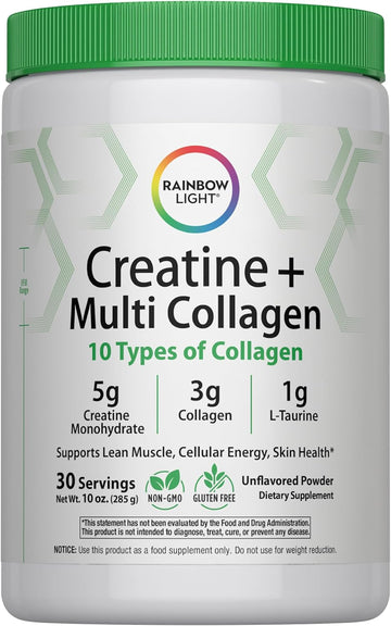 Rainbow Light Creatine + Multi Collagen | 10 Ounce | 5g Creatine Monohydrate Plus 10 Types of Collagen | Supports Lean Muscle, Cellular Energy & Skin Health | Unflavored Powder