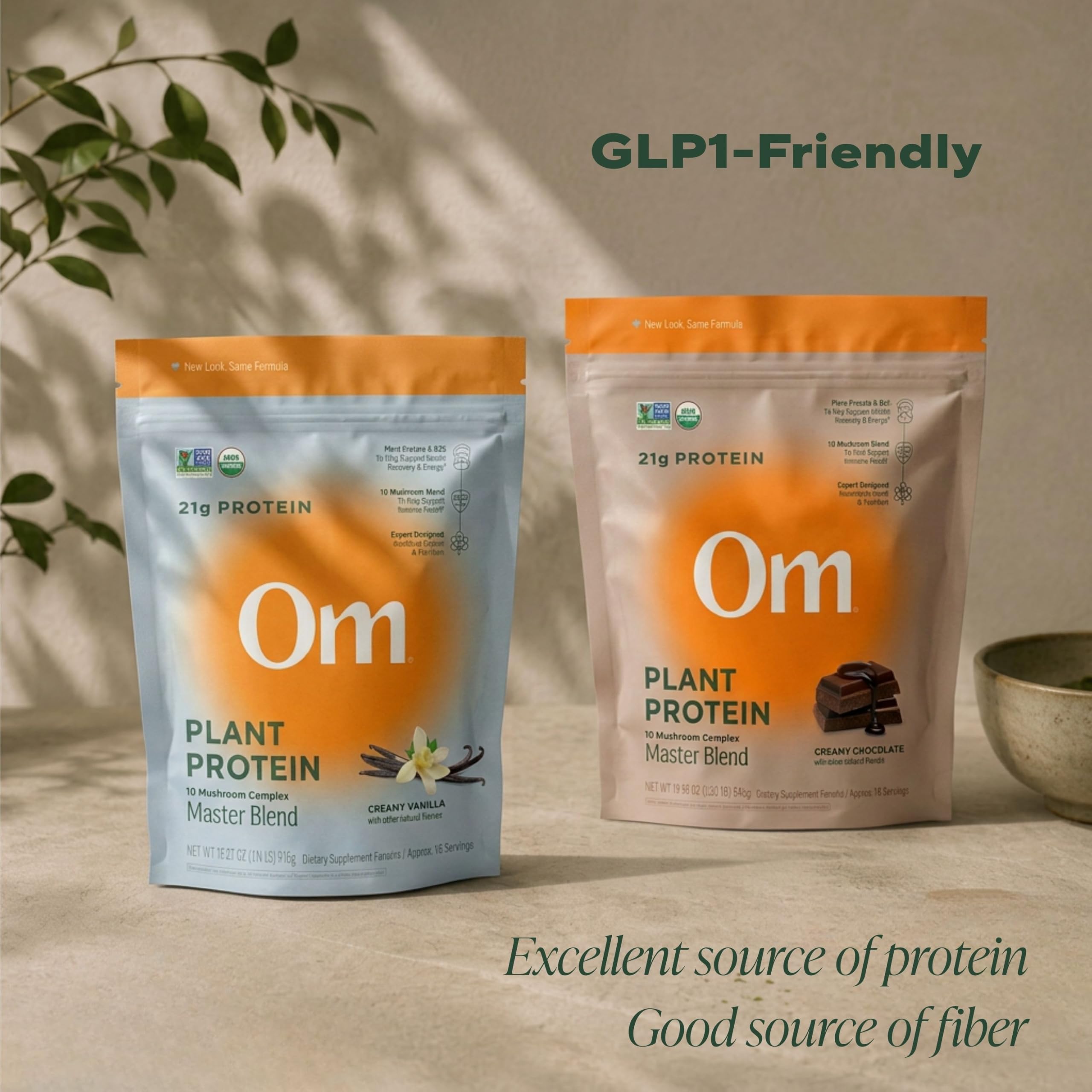 OM MUSHROOM SUPERFOOD Master Blend Vegan Protein – Organic Vanilla Plant Protein Powder, GLP-1 Friendly, Excellent Source of Protein, Good Source of Fiber, 10 Functional Mushrooms – 16 Servings