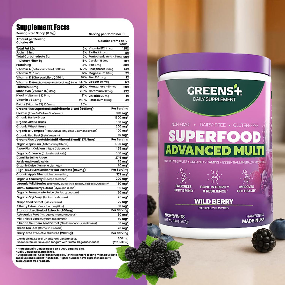 Purple supplement container labeled 'Greens+' with wild berry flavor on a white background
