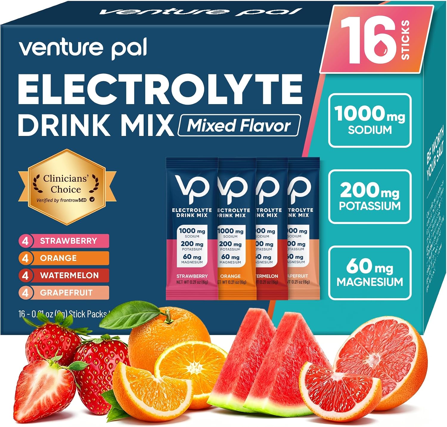 Venture Pal High Sodium Sugar Free Electrolytes Powder Packet, 16 Sticks | Hydration Packets with Vitamin, Sodium & Potassium, Zero Calories, Vegan, Keto & Paleo Friendly Electrolyte Drink Mix