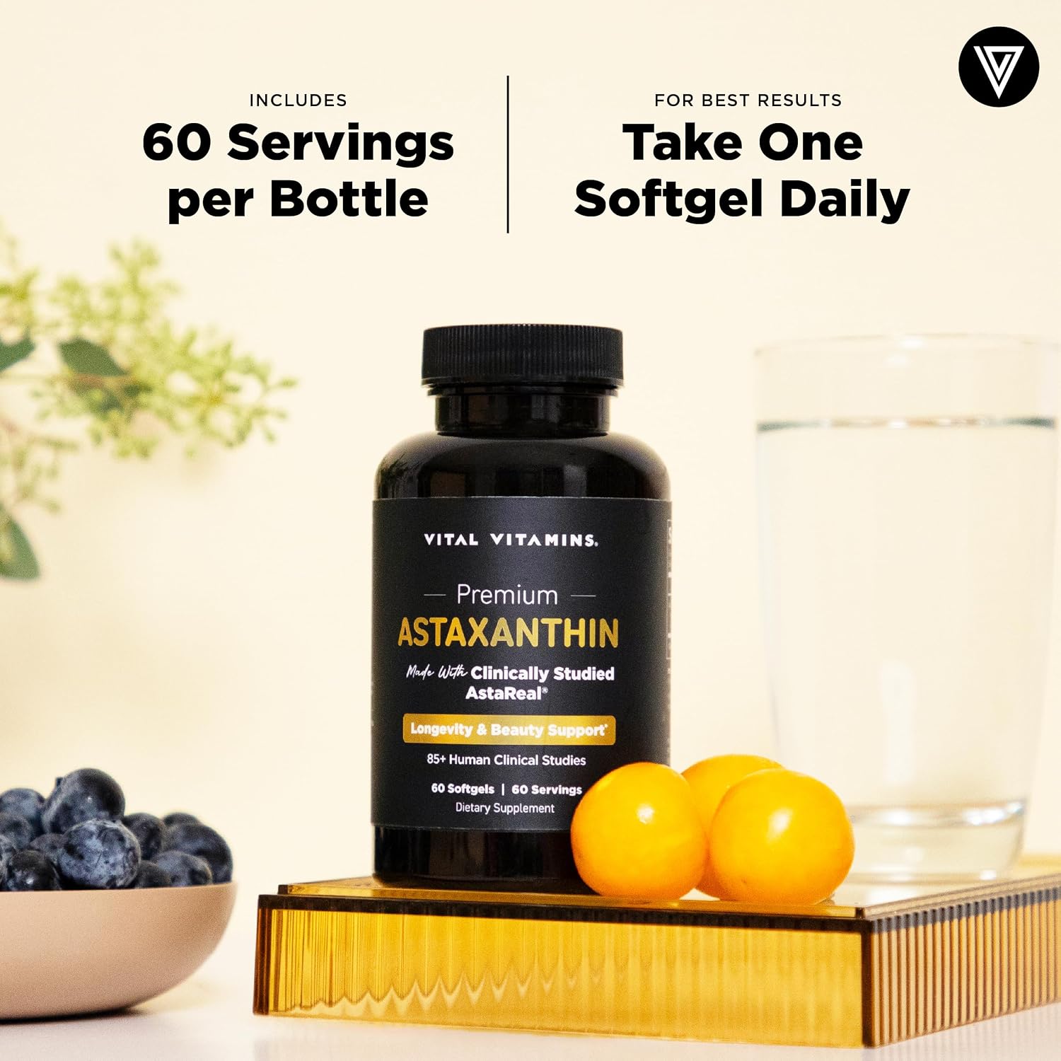 Vital Vitamins Astaxanthin 12mg Softgels for Skin Hydration & Elasticity | Natural Astaxanthin from Microalgae, Antioxidant Protection for Skin, Eyes & Exercise Recovery, Vegan, 60 Softgels