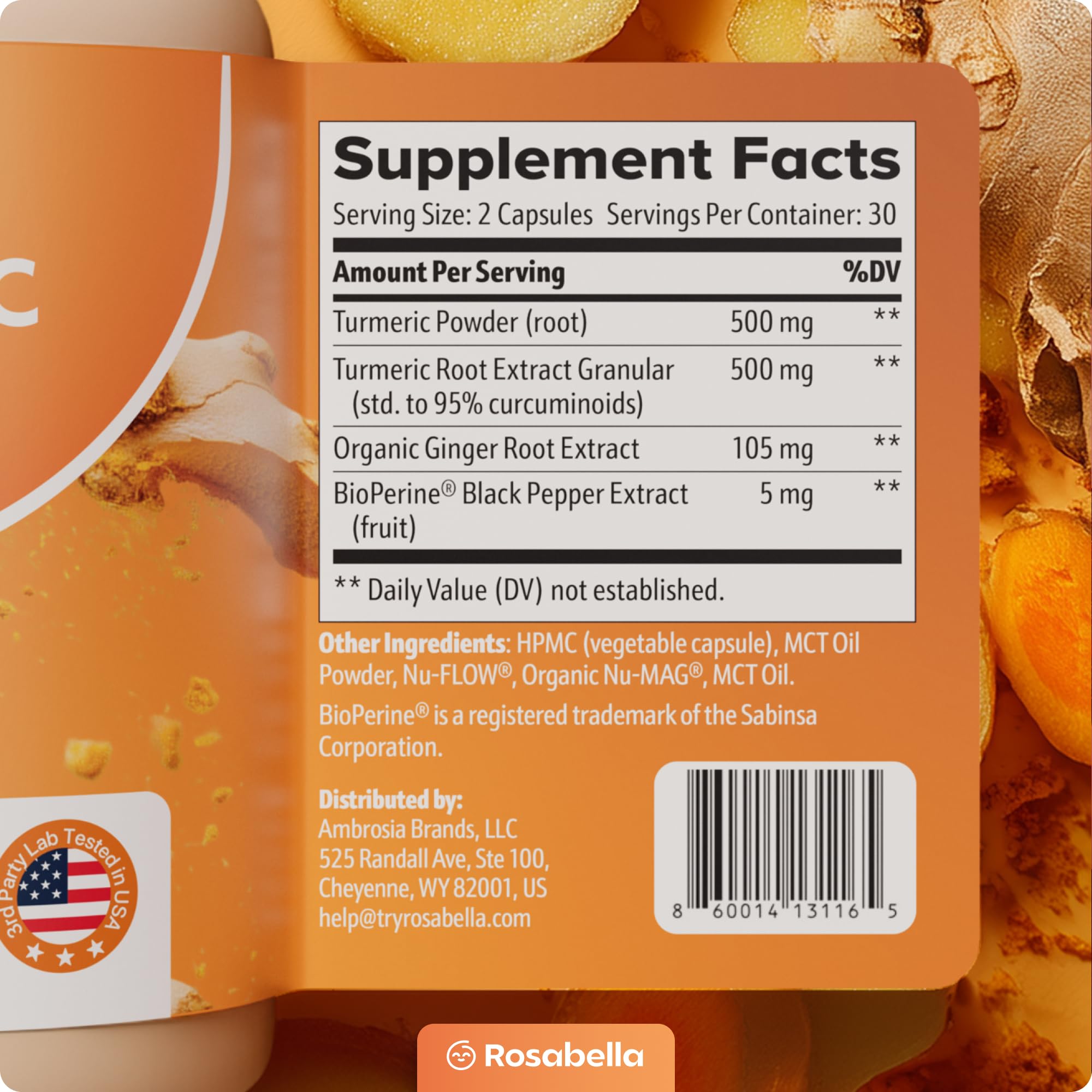 Rosabella Turmeric Curcumin Supplement – Organic Turmeric Supplement with BioPerine & Ginger, Turmeric Capsules for Joint Comfort, Mobility & Antioxidant Wellness – 60 Count (Pack of 1)