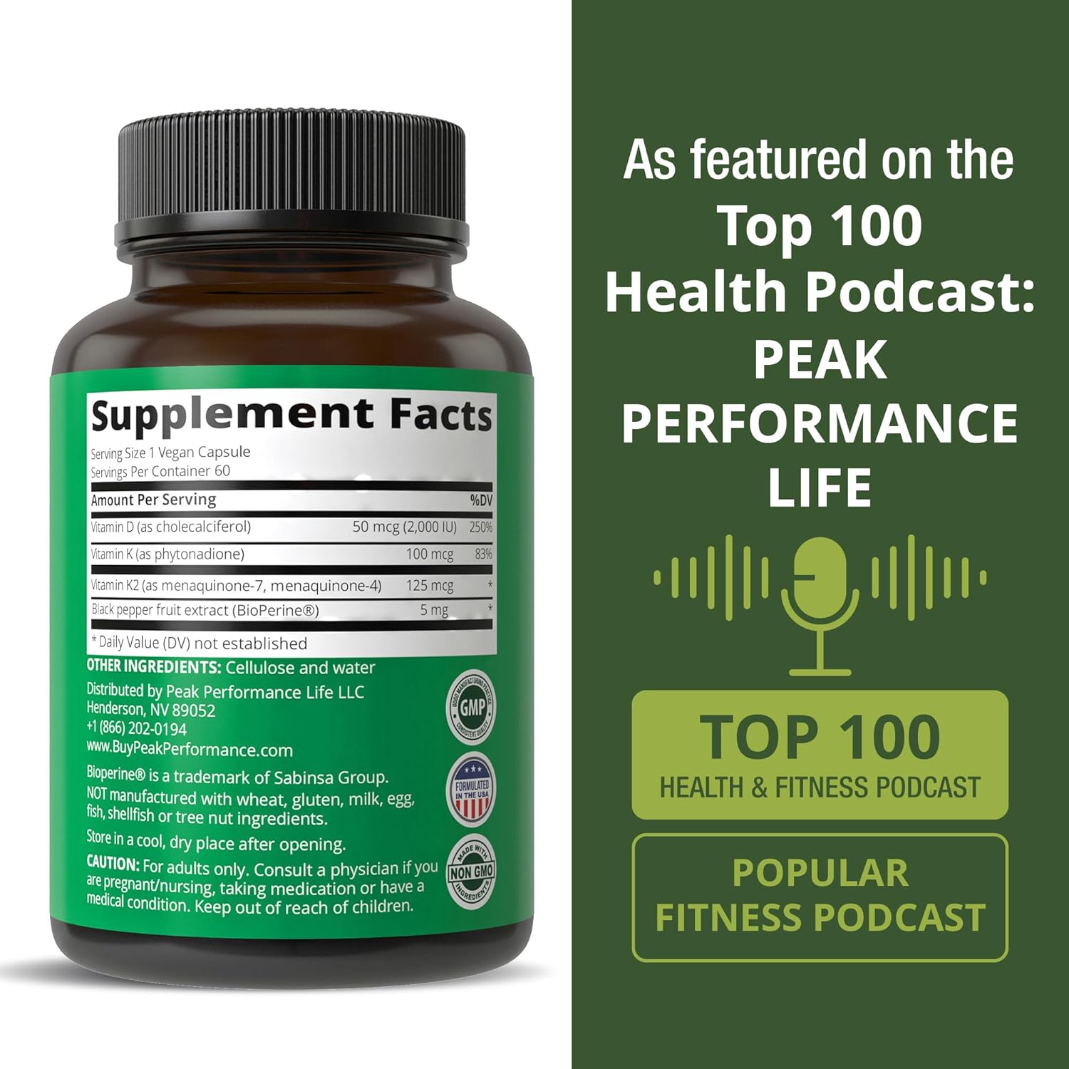 Peak Performance Advanced Vitamin D 2000 IU with All 3 Types of Vitamin K Vitamin D3 and Vitamin K2, K1, MK-7 (MK7), MK4 Supplements - 60 Small and Easy to Swallow Vegetable Capsules