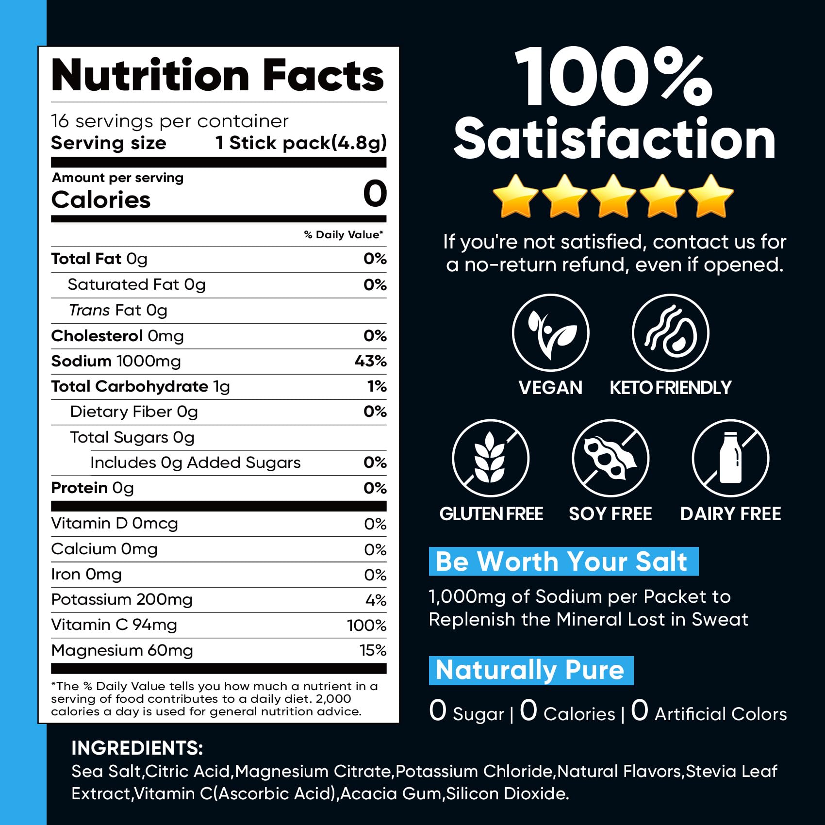 Venture Pal High Sodium Sugar Free Electrolytes Powder Packets, 16 Count | Hydration Packets with Sodium, Magnesium & Potassium, Vitamins, Zero Calories, Vegan, Keto & Paleo Friendly