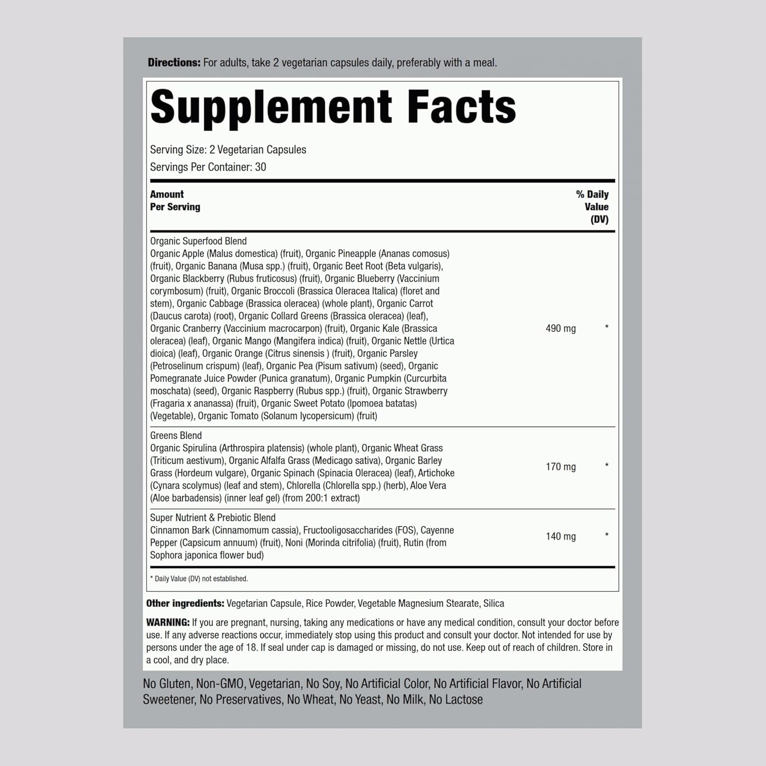 Piping Rock Fruits and Veggies Supplement | 60 Capsules | Superfood Vitamins | with Antioxidant Formula and Prebiotic Blend | Vegan, Non-GMO, Gluten Free