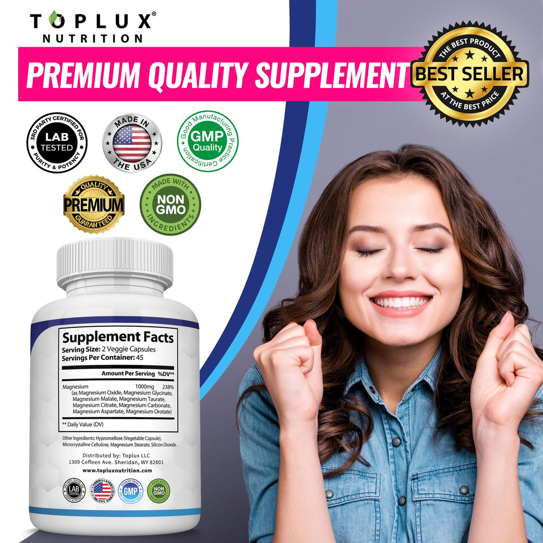 Mori Roots Magnesium Complex supplement bottle with health benefits listed, surrounded by fruits and nuts.