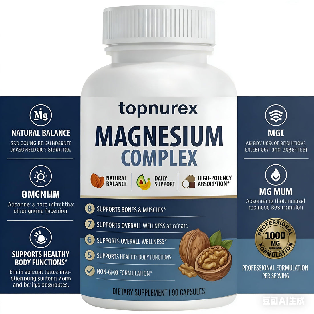 Topnurex Magnesium Complex supplement bottle with health benefits displayed.