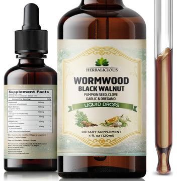 HEBRALICIOUS Wormwood Black Walnut Liquid Drops – Herbal Blend with Pumpkin Seed, Clove, Garlic & Oregano Oil – Alcohol Free Herbal Tincture – Liquid Dietary Supplement, 4 fl oz (120ml) HERBALICIOUSBuy Supplements Australia