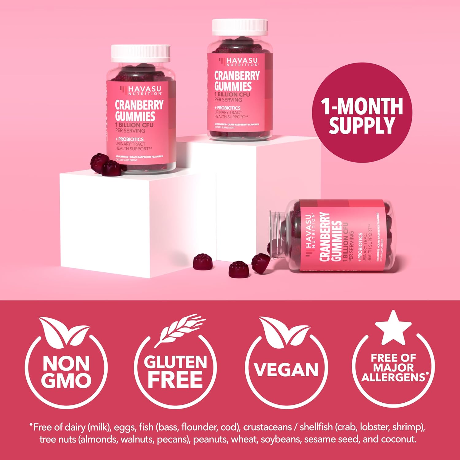 Cranberry Probiotic Gummies, Cran-Raspberry, 60ct, Bladder Support | Probiotic Cranberry Gummies for Women, Urinary Tract Health & pH Balance, 1 Billion CFU of Lactobacillus, Vaginal Wellness