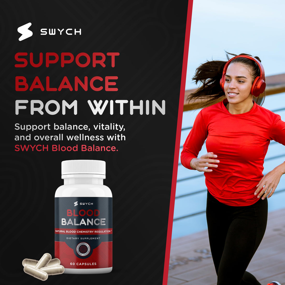 Supplement bottle labeled 'Blood Balance' by Swych on a white background
