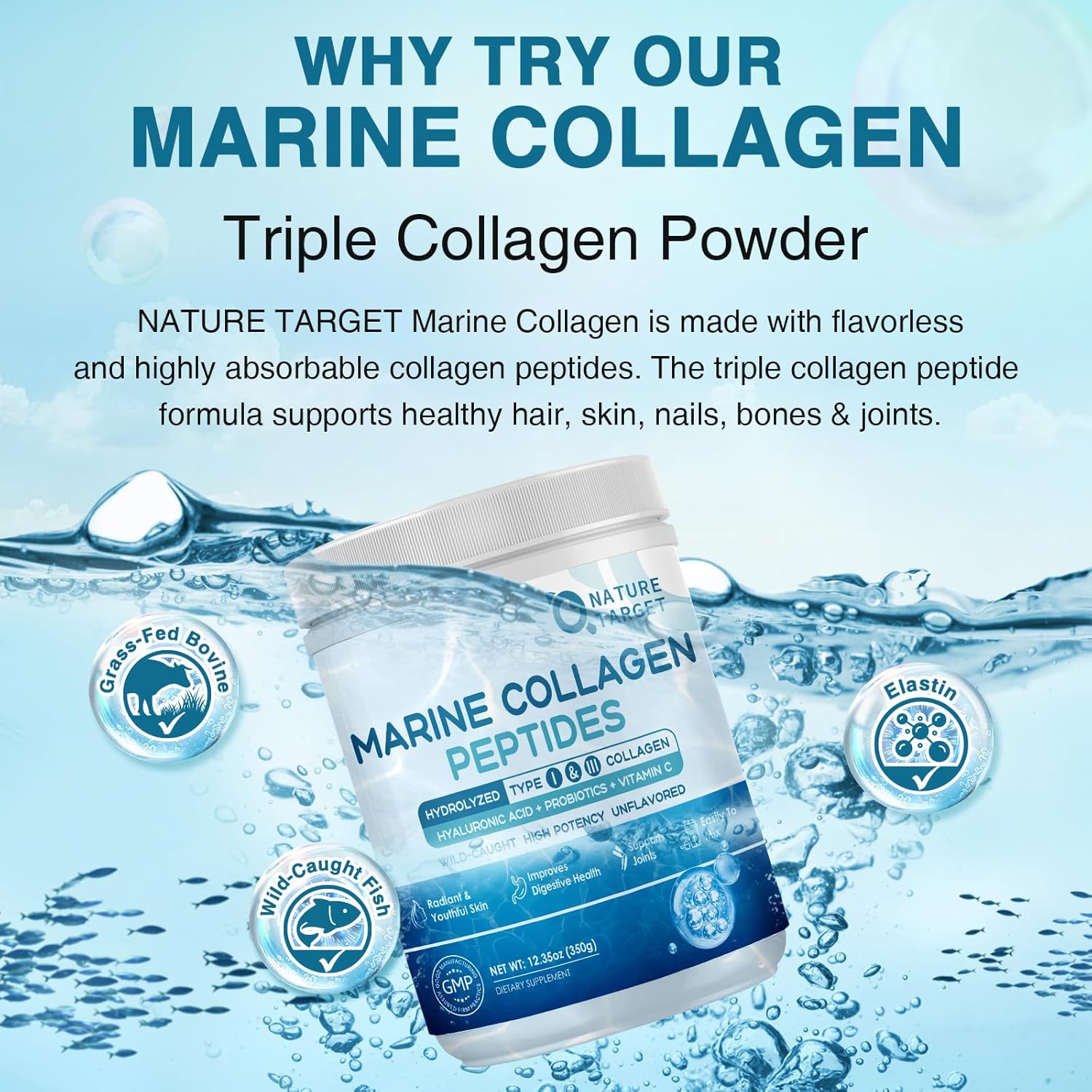NATURE TARGET Marine Collagen Peptides Powder, 35 Servings | Type I & III Collagen, Probiotics, Vitamin C & Hyaluronic Acid, For Skin, Hair, Nails, Wild-Caught Fish & Grass-Fed Bovine