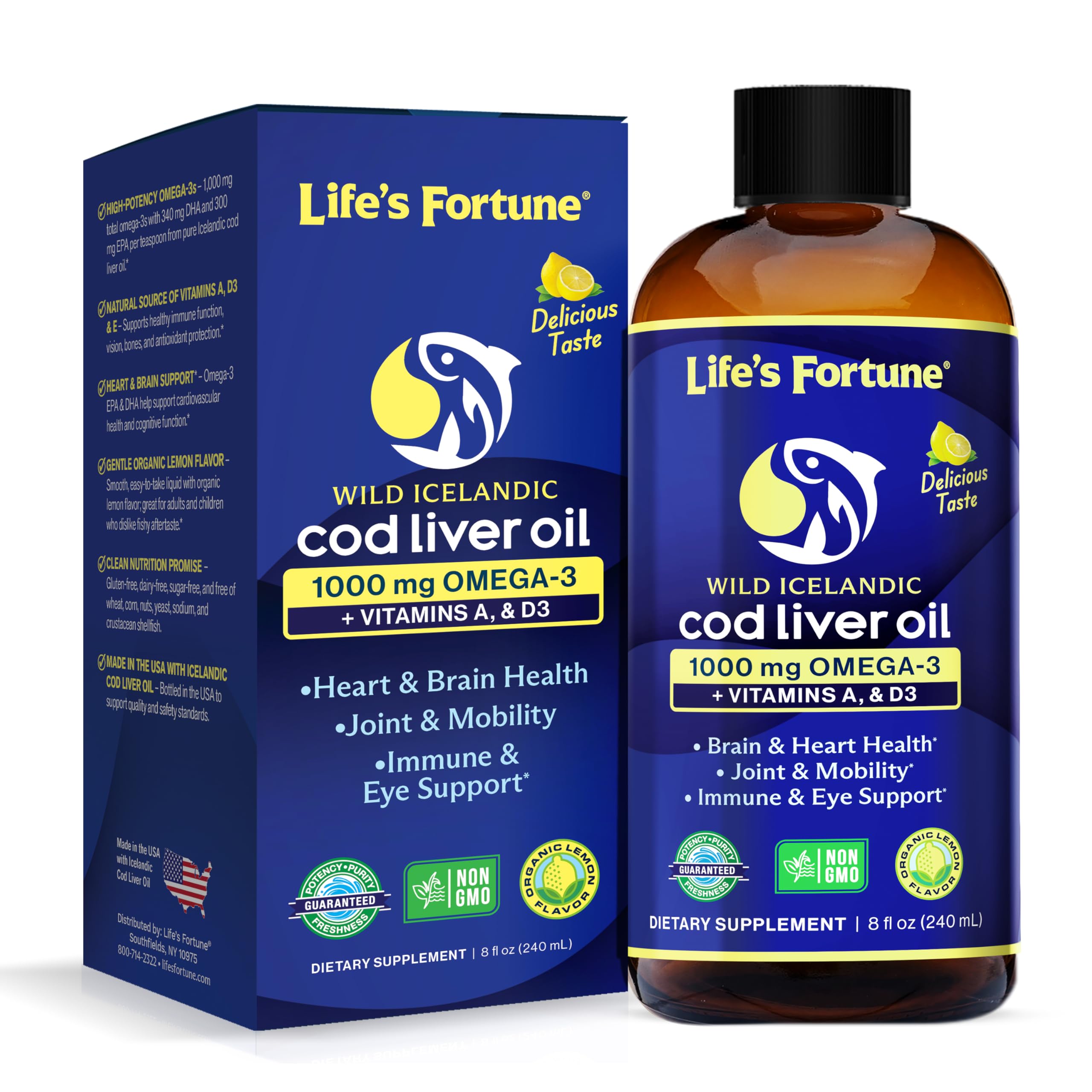 Life's Fortune Cod Liver Oil Liquid Lemon Flavor Organic Supplement with DHA, EPA 1000 mg High Potency Omega-3s + Vitamin A, E & D3 - Supports Immune, Joints, Eyes, 16 Fl Oz (Pack of 1)