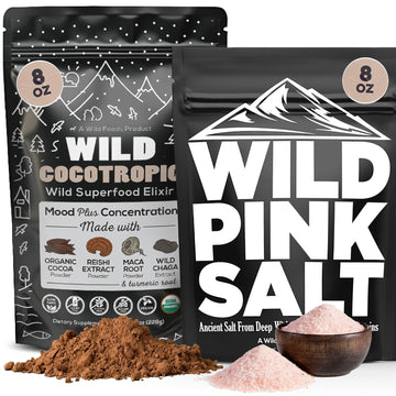 Wild Foods Pink Himalayan Salt (8oz) and Cocotropic Mushroom Cocoa Mix (8oz) Bundle for Cooking and Wellness