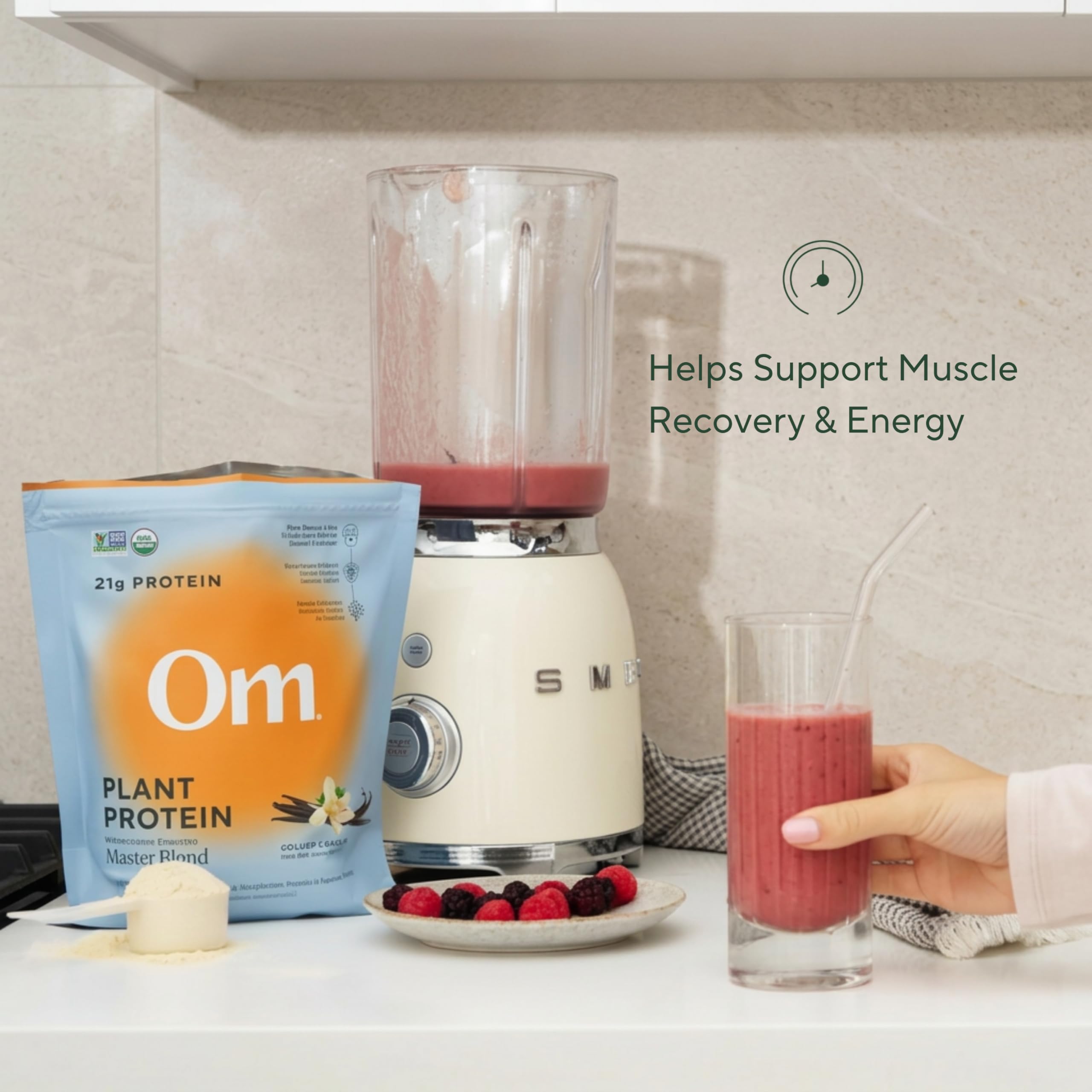 OM MUSHROOM SUPERFOOD Master Blend Vegan Protein – Organic Vanilla Plant Protein Powder, GLP-1 Friendly, Excellent Source of Protein, Good Source of Fiber, 10 Functional Mushrooms – 16 Servings