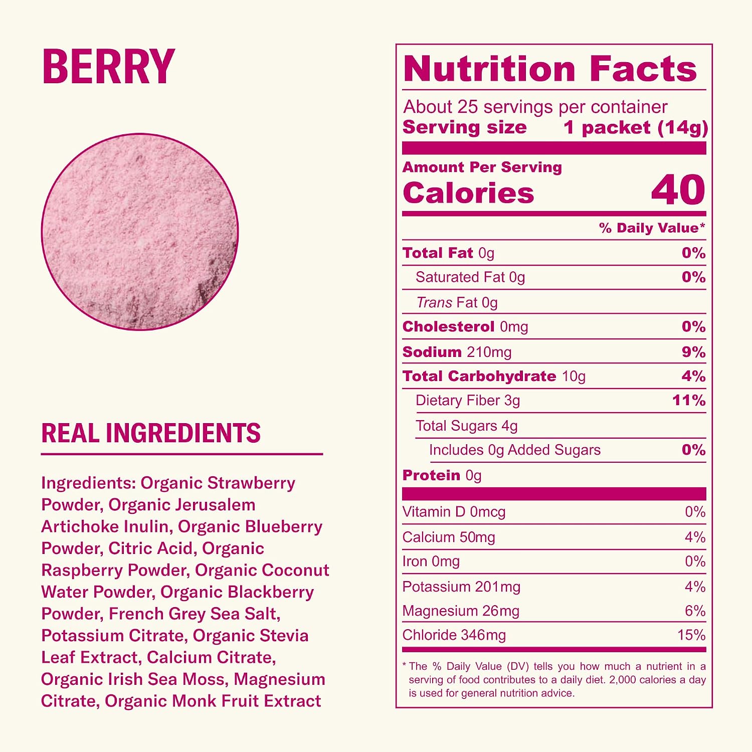 Ballerina Farm Farmer Hydrate Berry Electrolyte Powder Packets | Travel Ready, Organic Coconut Water, Irish Sea Moss, French Sea Salt, 210mg Sodium, 25 Count