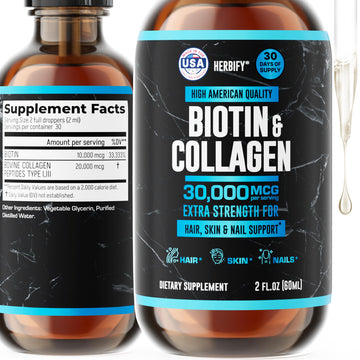 HERBIFY Liquid Biotin and Collagen Drops for Women & Men, 30 Days of Supply - Support Hair, Skin & Nails - Liquid Collagen for Women - 2 FL Oz Made in USA