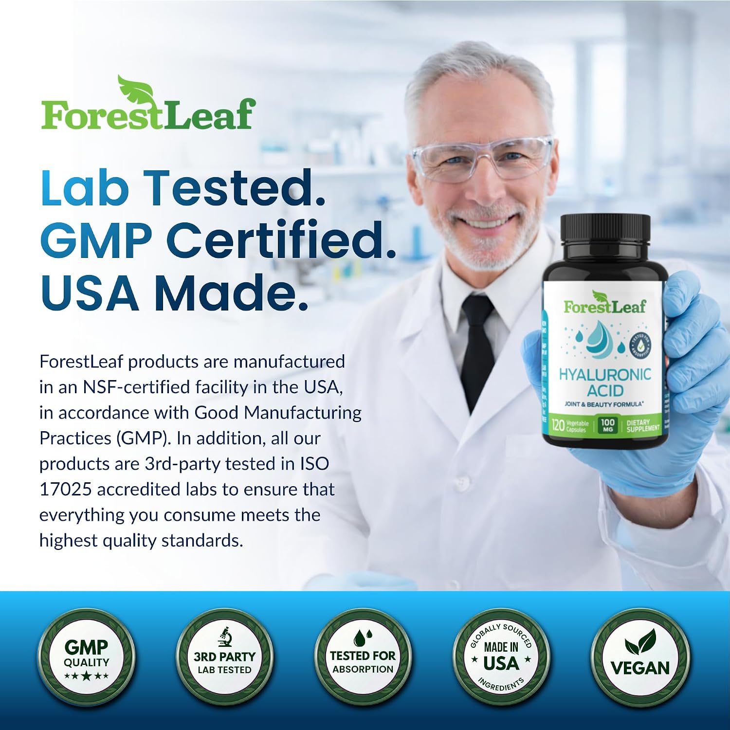 ForestLeaf Hyaluronic Acid Supplements | 100mg High Bioavailable Dietary Hyaluronic Acid Powder Capsules + 50mg VIT C | Supports Skin Hydration, Joint Lubrication, Anti-Aging, Hair & Nails | 120 Caps