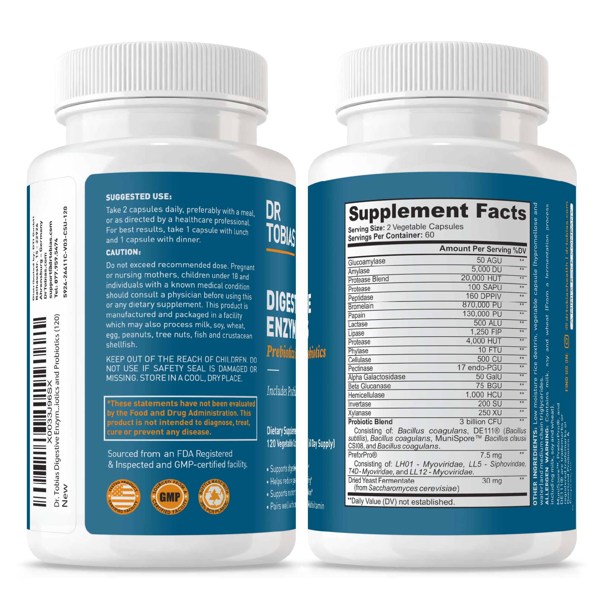 Dr. Tobias Digestive Enzymes + Prebiotics & Probiotics 60 Capsules | Digestion & Gut Support | Enzymes + Prebiotics + Probiotics + Postbiotics | Bromelain, Amylase & Lipase | 30 Servings