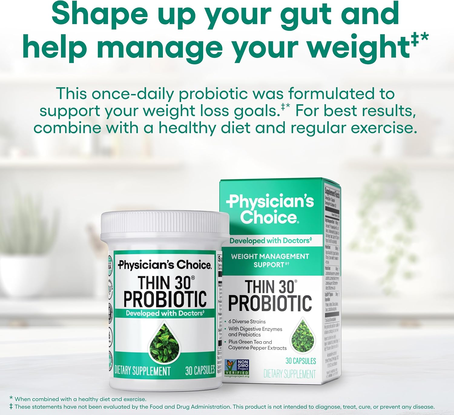 Physician's CHOICE Probiotics for Weight Management & Bloating, 30ct | 6 Probiotic Strains, Prebiotics, Cayenne, & Green Tea for Gut Health, Bloating Relief, & Weight Management for Women & Men