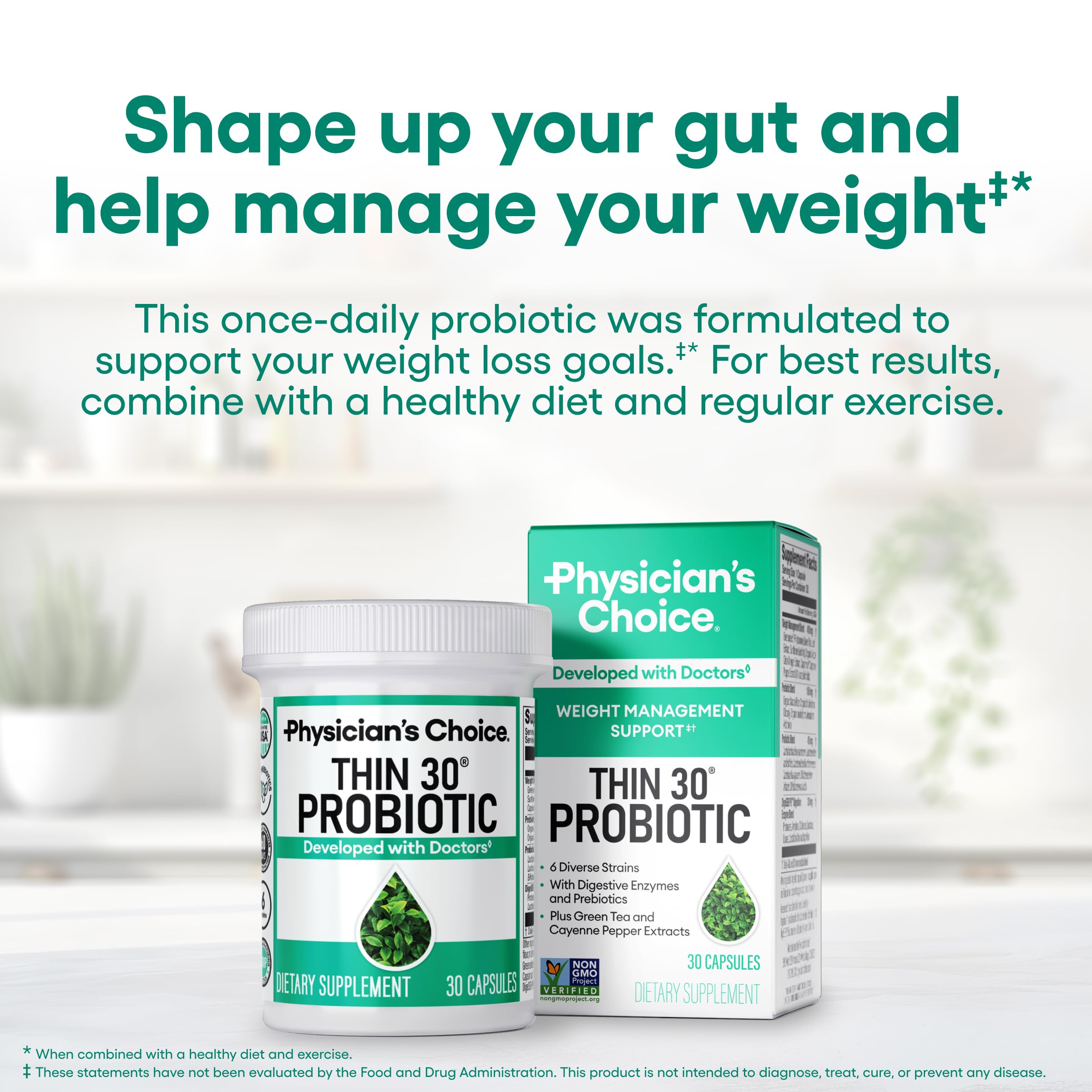 Physician's CHOICE Probiotics for Weight Management & Bloating, 30ct | 6 Probiotic Strains, Prebiotics, Cayenne, & Green Tea for Gut Health, Bloating Relief, & Weight Management for Women & Men
