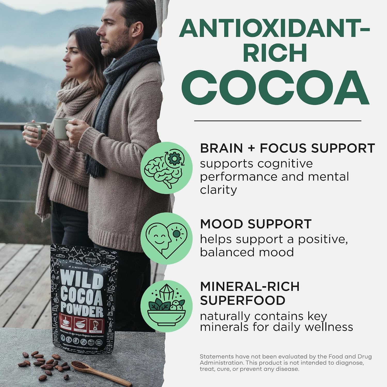 Wild Foods Organic Cocoa Powder Unsweetened for Baking & Cooking, Raw Cacao Powder, Organic Single-Origin Non-Dutched Dark Cocoa, 100% Pure, Non-GMO, Vegan Keto Superfood, Purity Tested, 12 oz