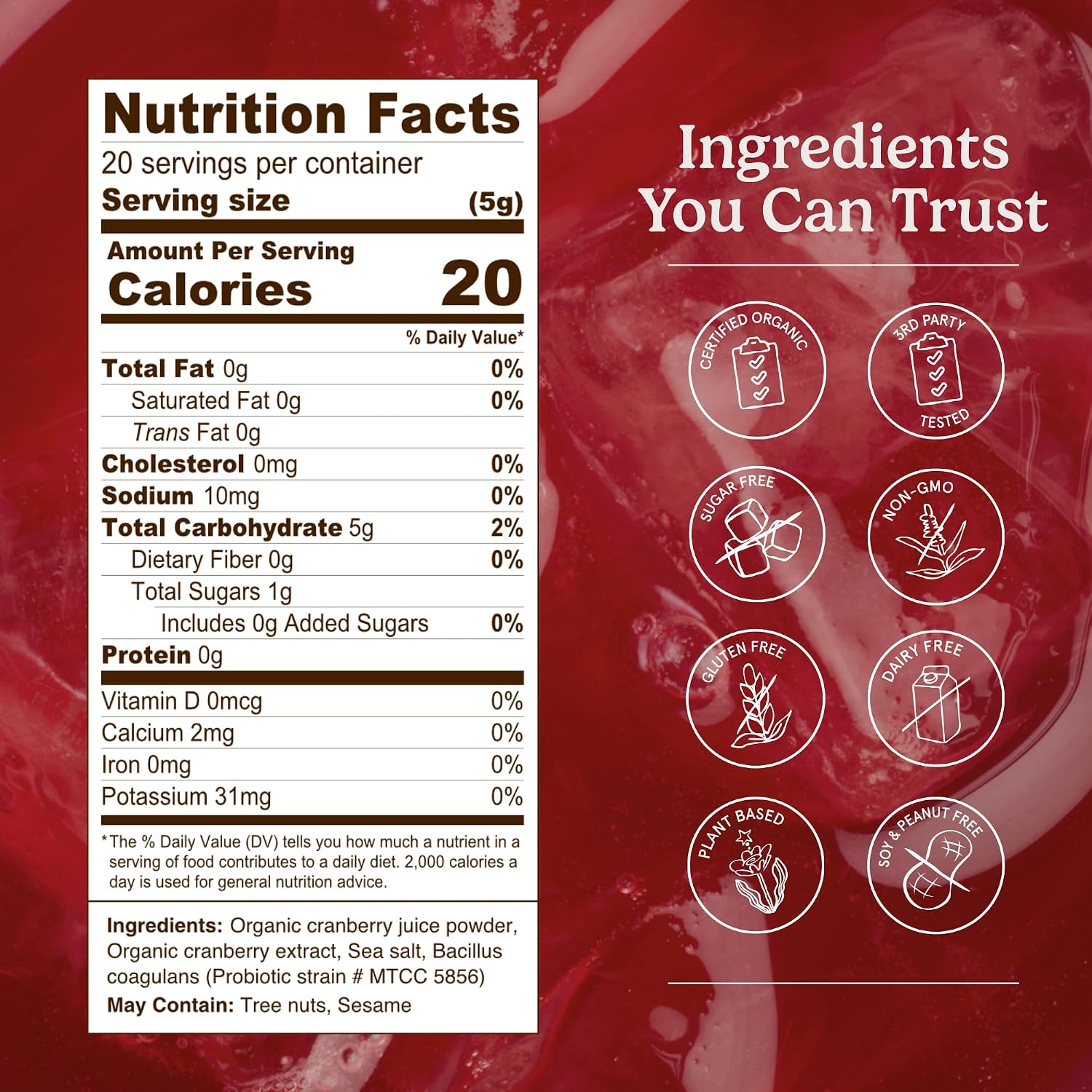 Organic Traditions Cranberry Powder, Organic Cranberry Juice Powder with Cranberries and Probiotics, No Added Sugar, Plant-Based Powder for Smoothies and Recipes, Vegan Non-GMO, 100g / 3.5oz Bag