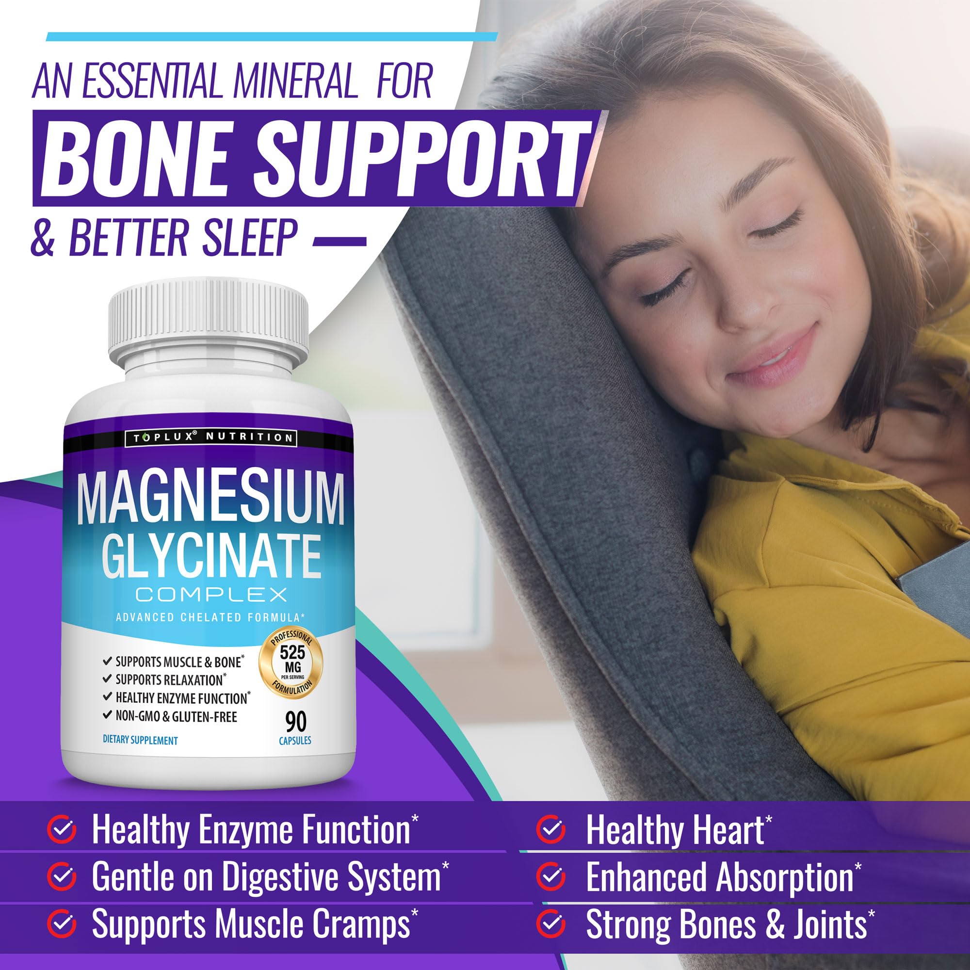 Magnesium Glycinate 525mg - High Absorption Chelated Magnesium Supplement Made with Pure Magnesium Glycinate - Supports Muscles, Sleep, Cramps, Recovery Bisglycinate