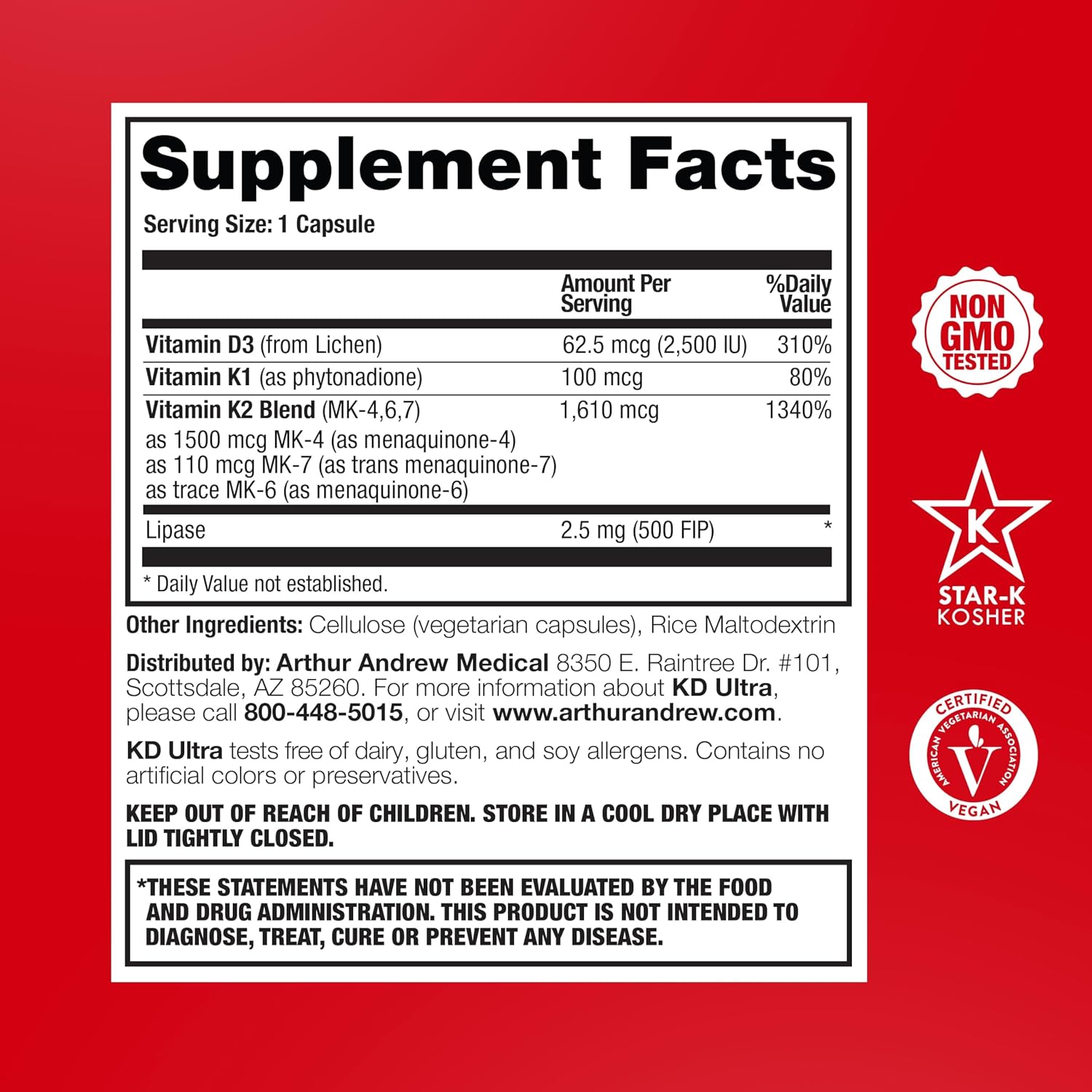Arthur Andrew Medical, KD Ultra, Full Spectrum K2 & D3, 90 Capsules | Full Spectrum Vitamin K2 (MK4, MK6, MK7), Vitamin D3, & Lipase. Heart, Bone, And Circulation Support.
