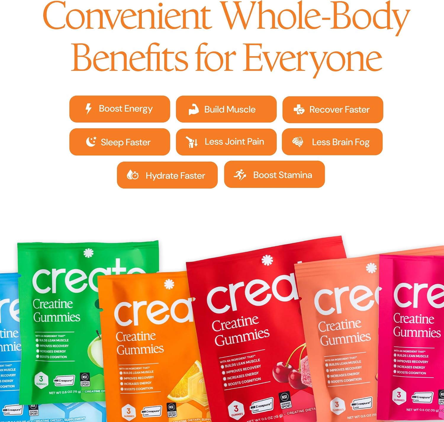 Create Creatine Gummies – Single-Serve Packs – 30ct – Variety Pack | NSF Certified for Sport – Made with Creatine Monohydrate, Vegan & Gluten-Free, Anti-Melting Formula, 3 Gummies per Pack