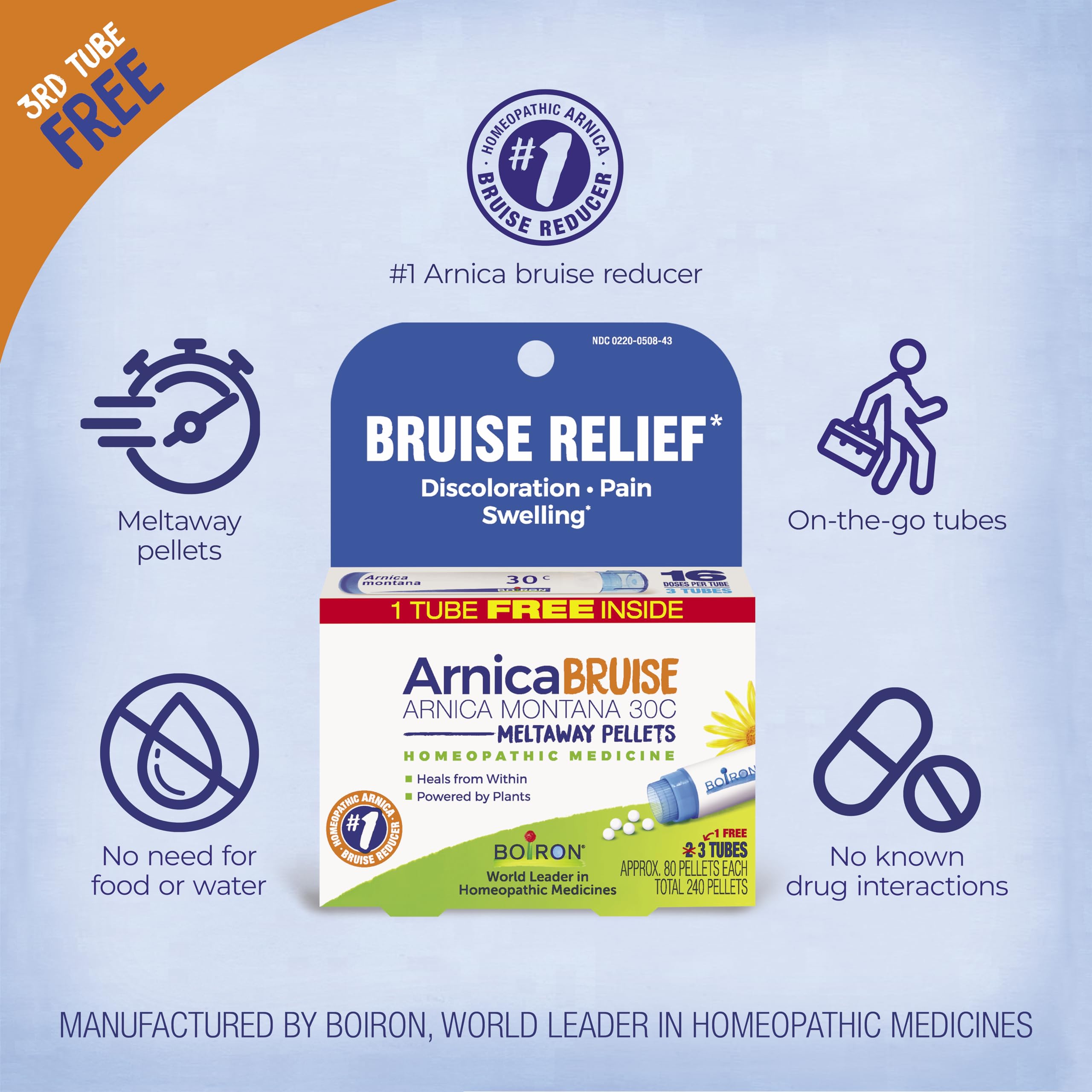 Boiron Arnica Bruise - Arnica Montana 30c for Relief of Pain, Swelling, and Discoloration from Bruises - 3 Count (240 Pellets) BoironBuy Supplements Australia