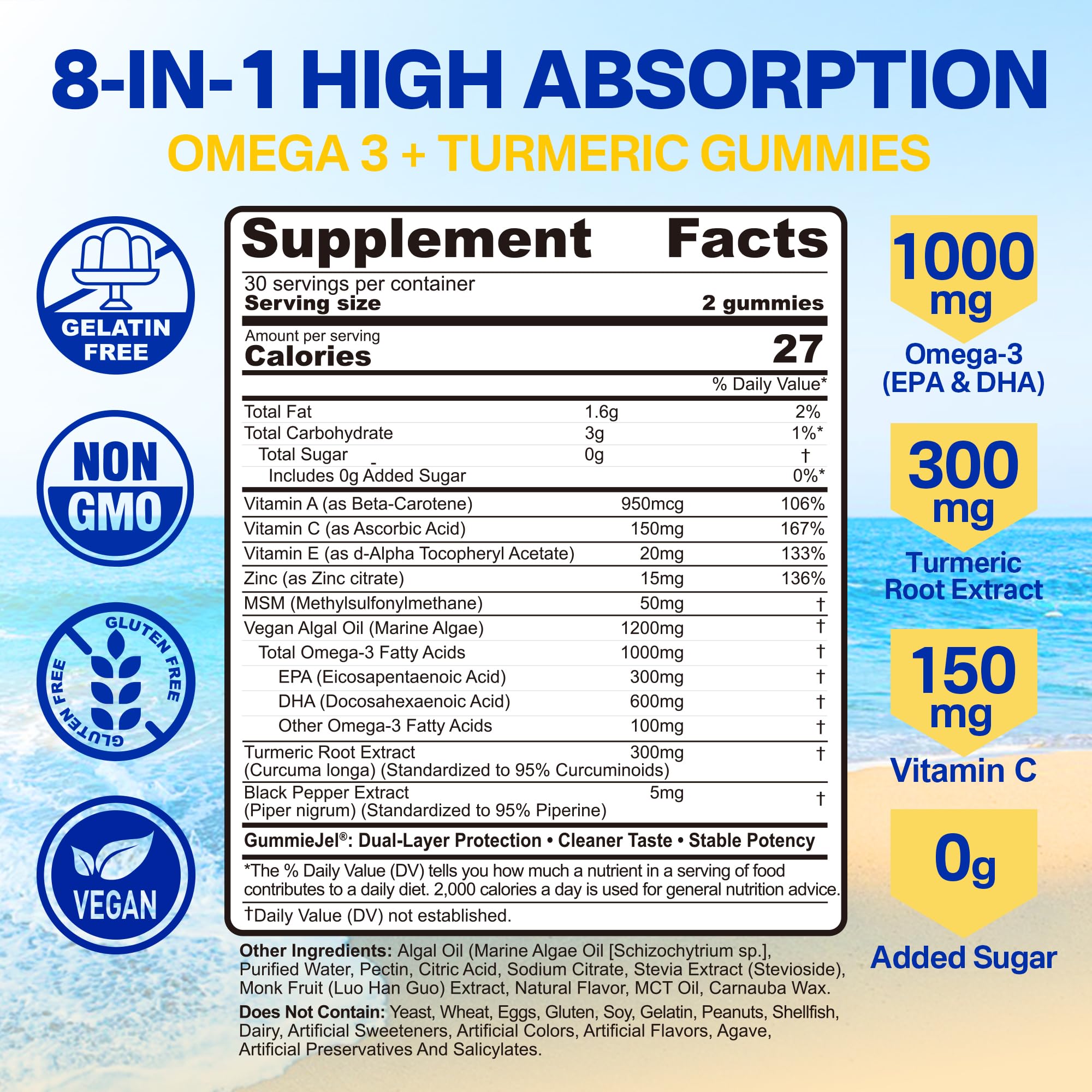 Omega-3 Gummies + Turmeric - Omega 3 Fish Oil Alternative for Adults - Algae DHA 600mg & EPA 300mg, Vitamins A, C, E, Zinc & MSM, Sugar Free, 60 Cts