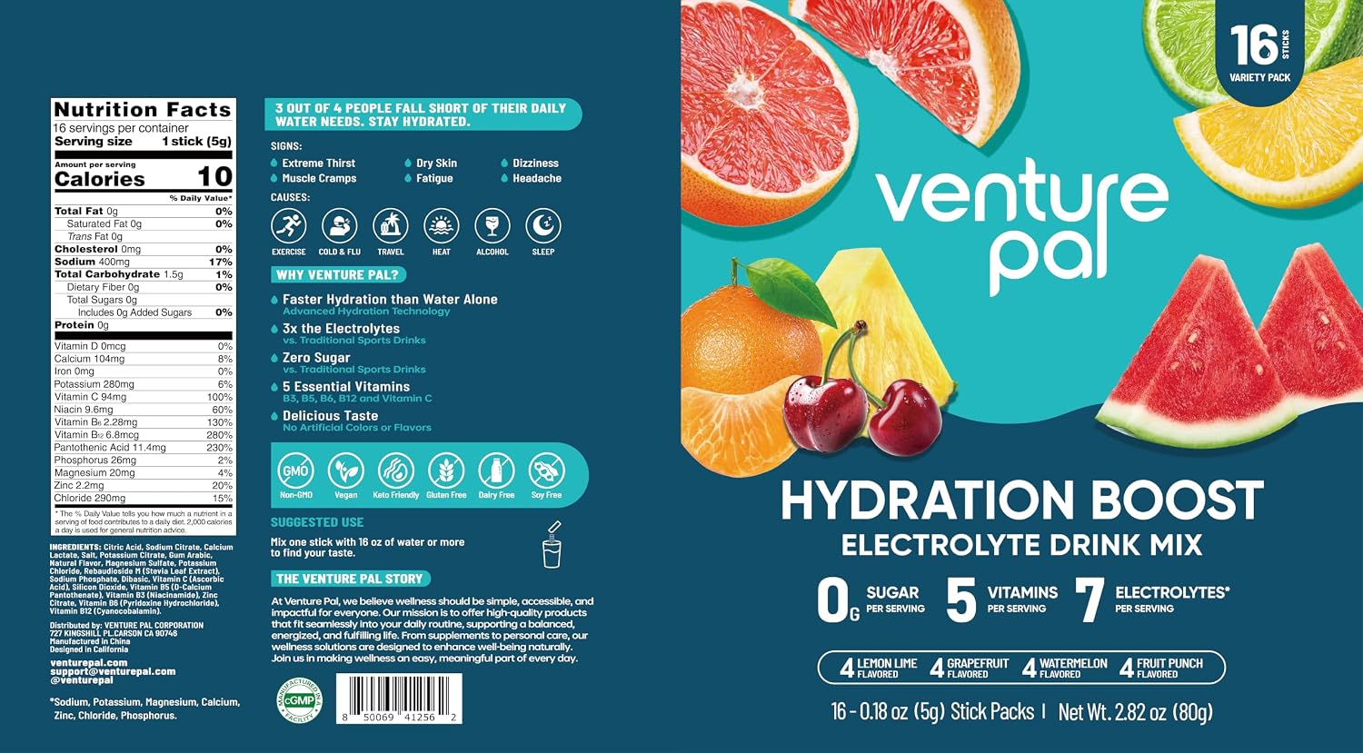 Venture Pal Sugar Free Electrolyte Powder Packets, Keto Friendly, 16 Sticks | Liquid Daily IV Hydration Packets for Rapid Rehydration. 7 Electrolytes & 5 Vitamins | Non-GMO | Vegan | Fast Dissolve