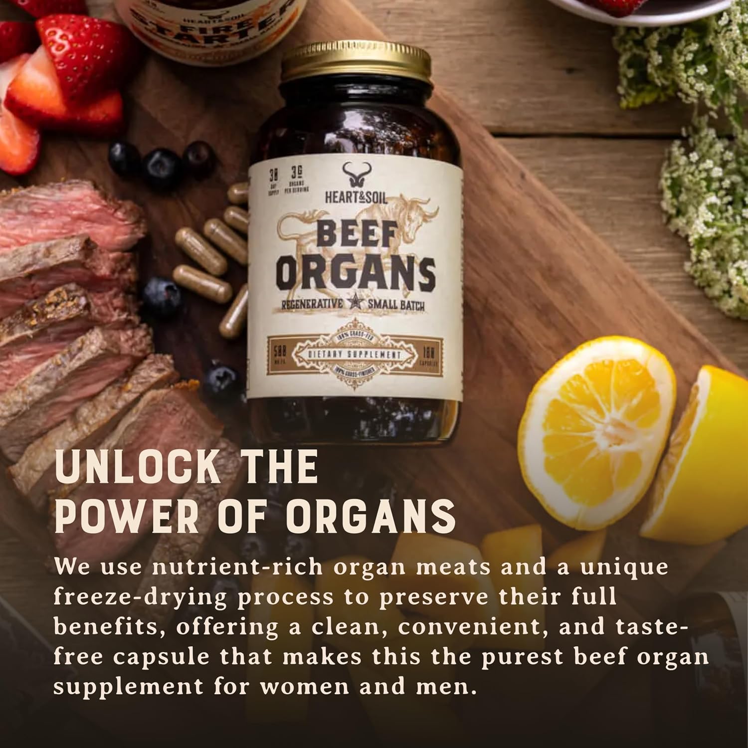 HEART & SOIL Beef Organs Supplement, 180 Capsules | 100% grass fed & finished from regenerative cattle with liver, heart, kidney, pancreas & spleen. 3000mg formula.