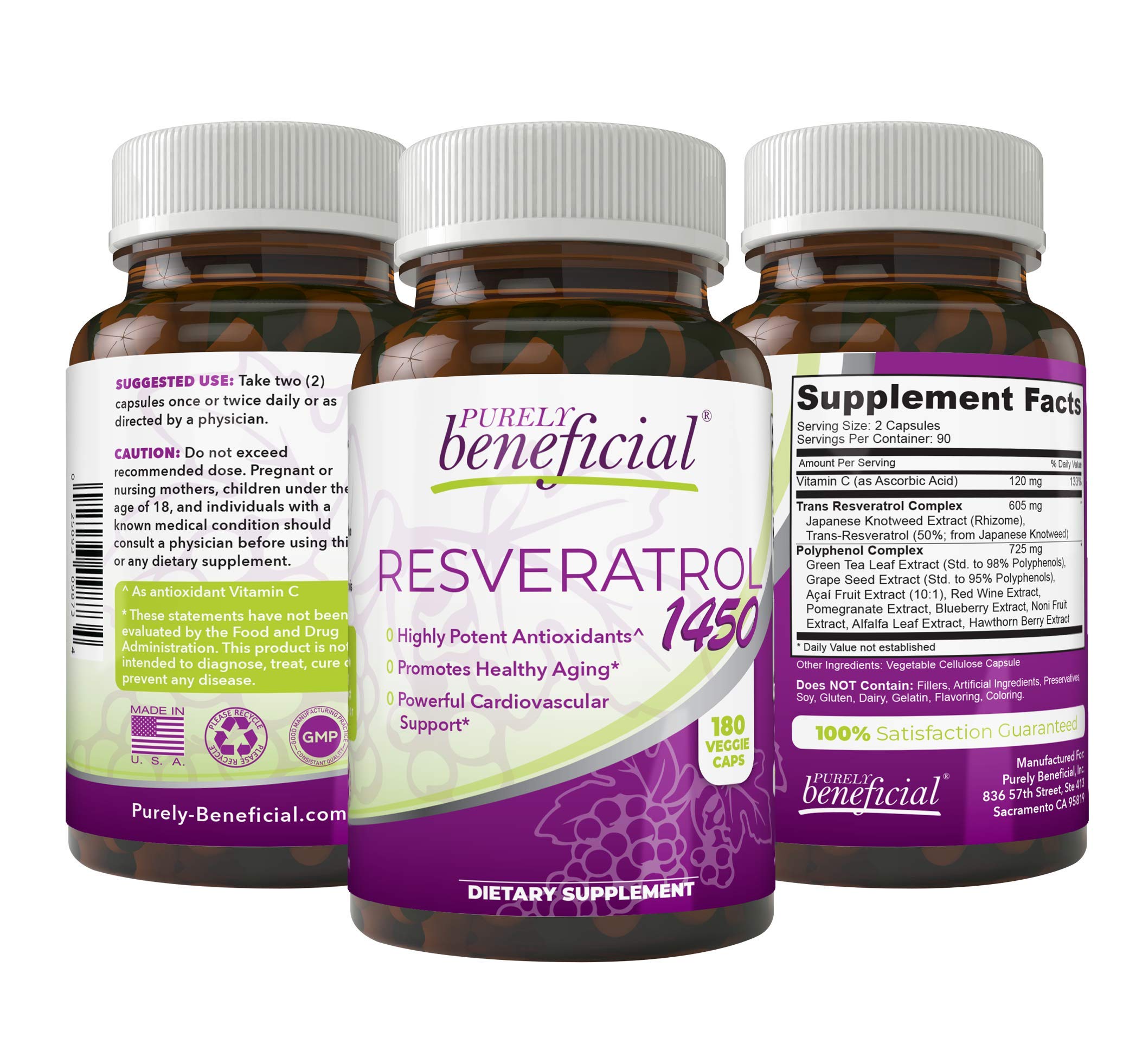 PURELY beneficial RESVERATROL1450-90day Supply, 1450mg per Serving of Potent Antioxidants & Trans-Resveratrol, Promotes Anti-Aging