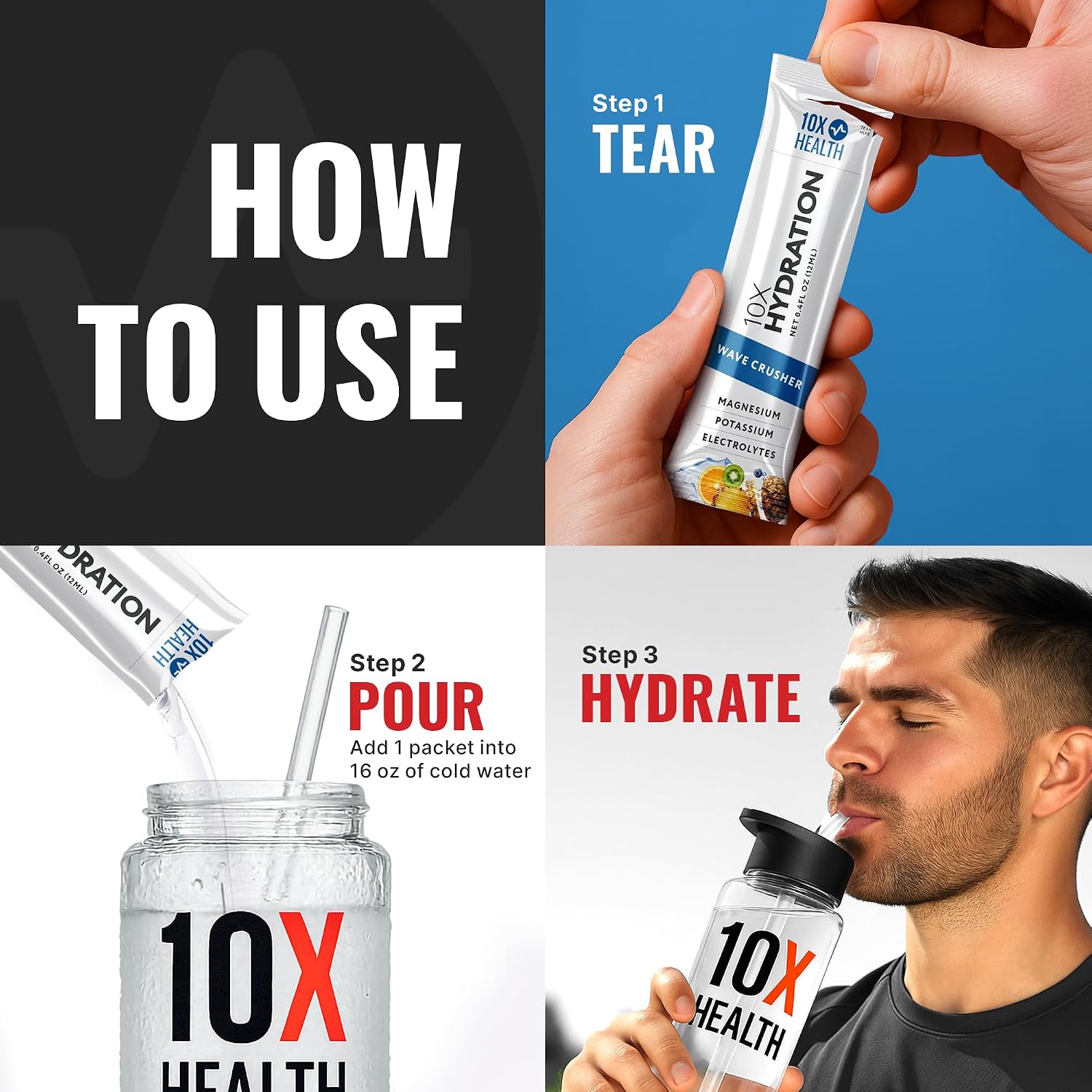 10X Health Electrolyte Drink Mix - Wave Crusher, 15 Sticks | Hydration Packets: Sodium, Magnesium & Potassium Citrate, Wave Crusher, 15 Sticks