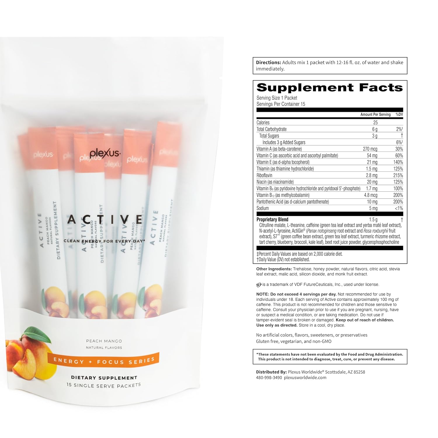 Plexus Active® Peach Mango | 100mg natural caffeine for clean energy and mental clarity. Supports nitric oxide production. 25 calories per serving