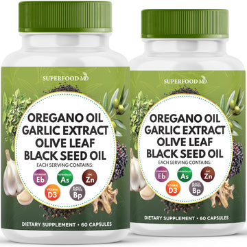Superfood MD Oregano Oil Garlic Extract Olive Leaf Black Seed Oil Astragalus- for Women and Men- 60 Count