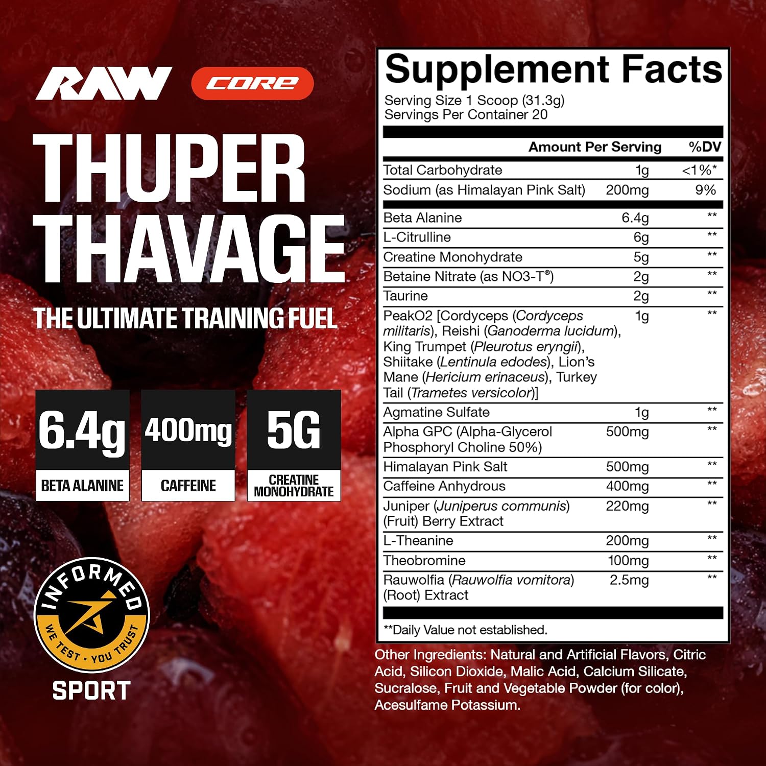 RAW Thuper Thavage Pre Workout Powder - High-Stim Preworkout with Creatine, Beta Alanine, L-Citrulline & Caffeine - Chris Bumstead Gym & Fitness Supplement for Men & Women - Watermelon Grape