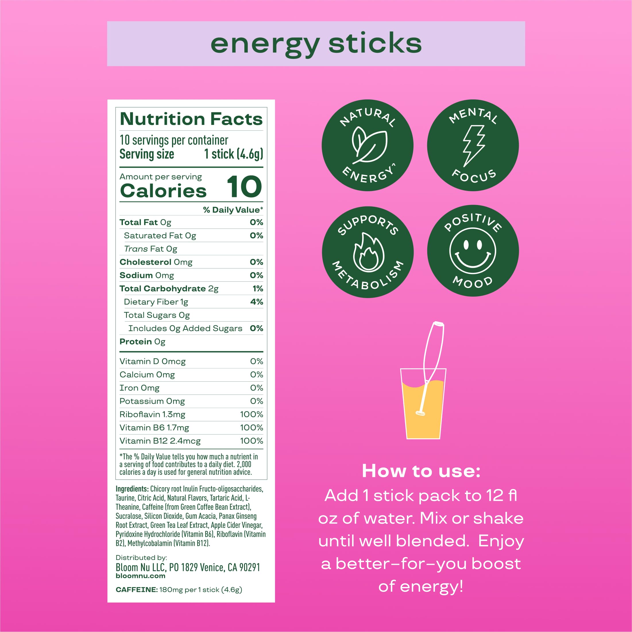 Bloom Nutrition Energy Drink Powder Packets, Strawberry Watermelon, 10 Ct | Sugar Free Drink Mix with L-Theanine, B Vitamins & Natural Caffeine, On the Go Powder Sticks for Natural Energy, 10 Calories