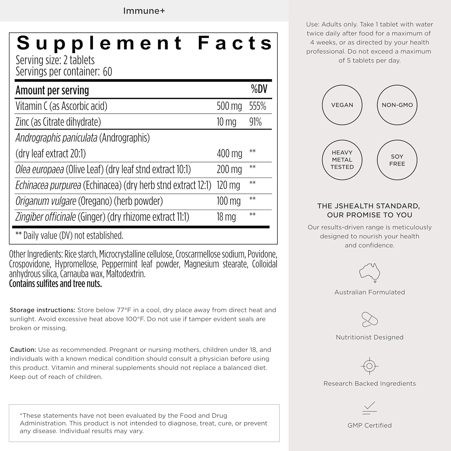 JSHealth Vitamins Immune + Immunity Booster Supplement, 60 Tablets | Made with with Zinc Vitamin C Echinacea and Olive Leaf Antioxidants