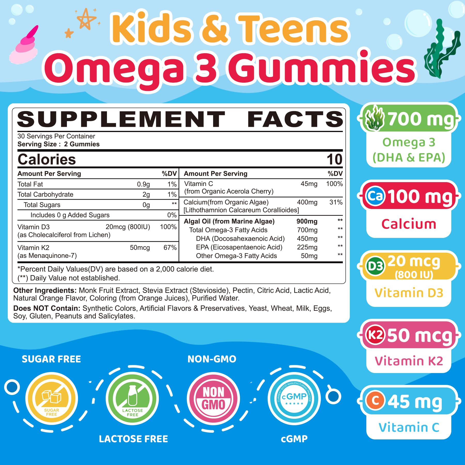Kids Omega 3 Gummies + Calcium 400mg + Vitamin D3 K2 + C, Omega-3 DHA & EPA Supplement - No Fish Burps, No Sugar - Kids & Teens Omega 3 + Multivitamin Gummy for Strong Bones, Brain, Immune, Eye, 2Pack
