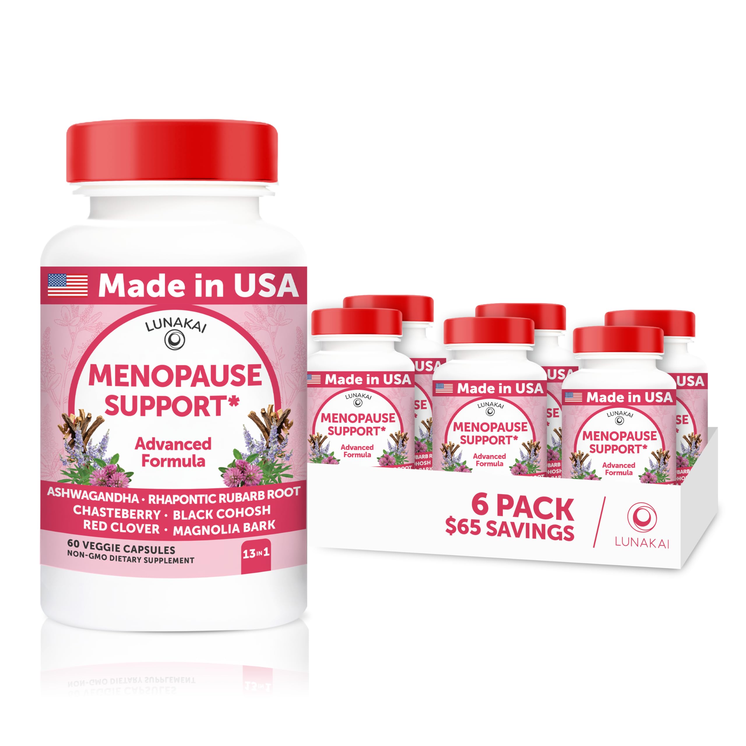 Lunakai USA Made Natural Menopause Supplements for Women, 60ct | Non-GMO, 13-in-1 Menopause Relief for Hot Flashes, Night Sweats, Sleep & Mood Support