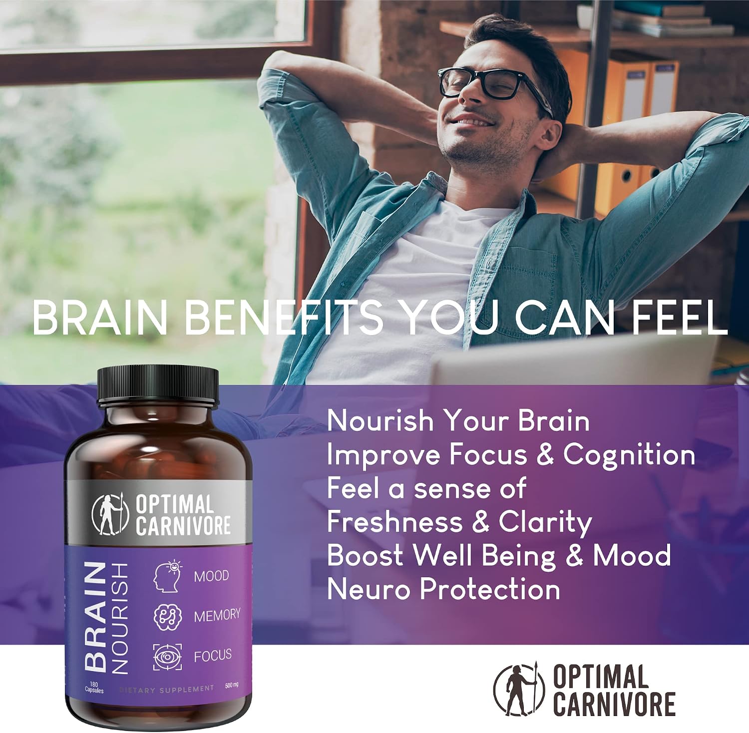 Optimal Carnivore Lions Mane Mushroom Supplement & Beef Brain, Powerful Nootropics Brain Support Supplement, Brain Supplements for Memory and Focus, 180 Capsules