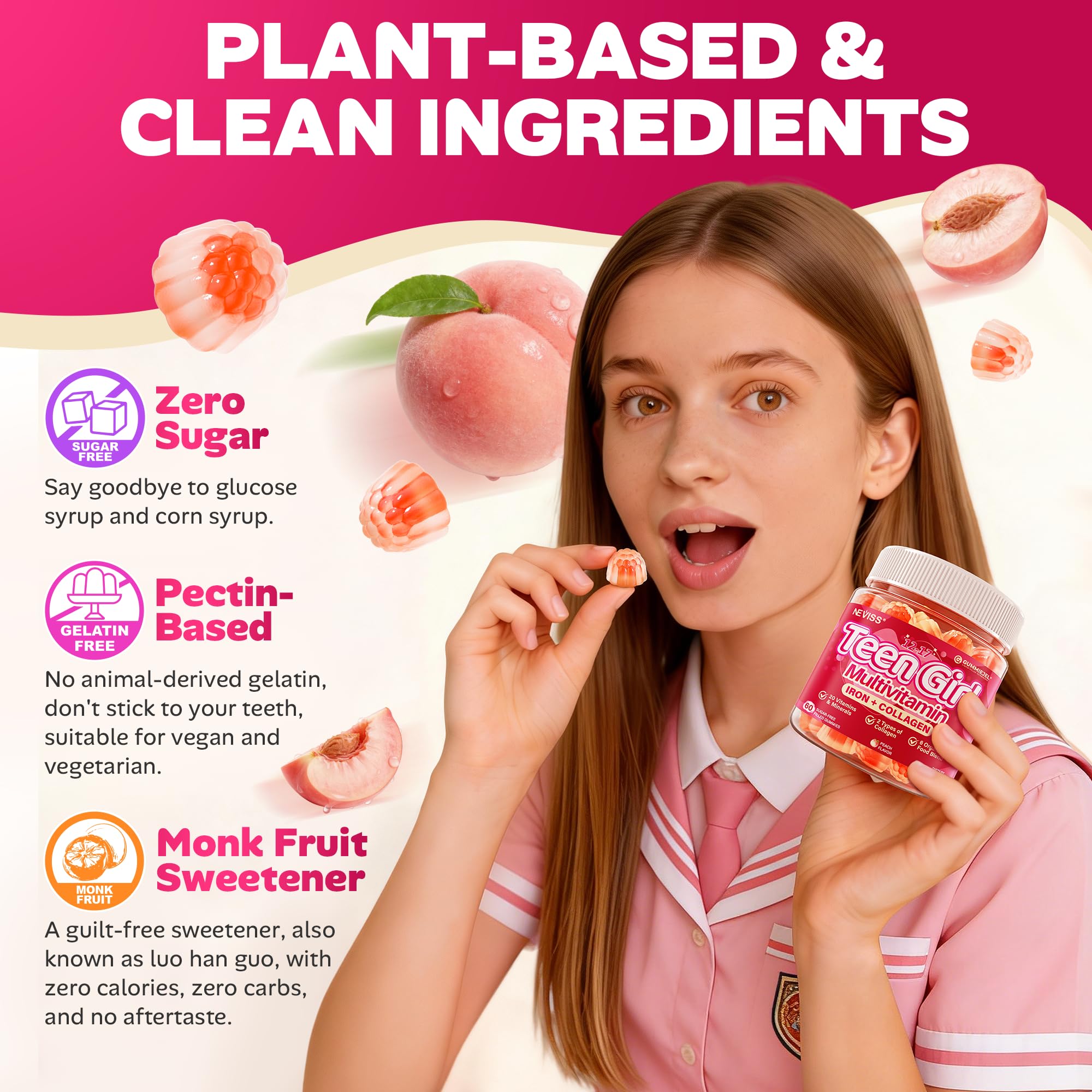 Methylated Multivitamin Gummies for Teen Girls 12-17, Methylfolate, Iron, Collagen, D3 K2, Magnesium, Zinc, Daily Vitamins A C E, B Complex for Teenager Growth, Skin, Bone, Energy - Sugar Free, 60 Cts