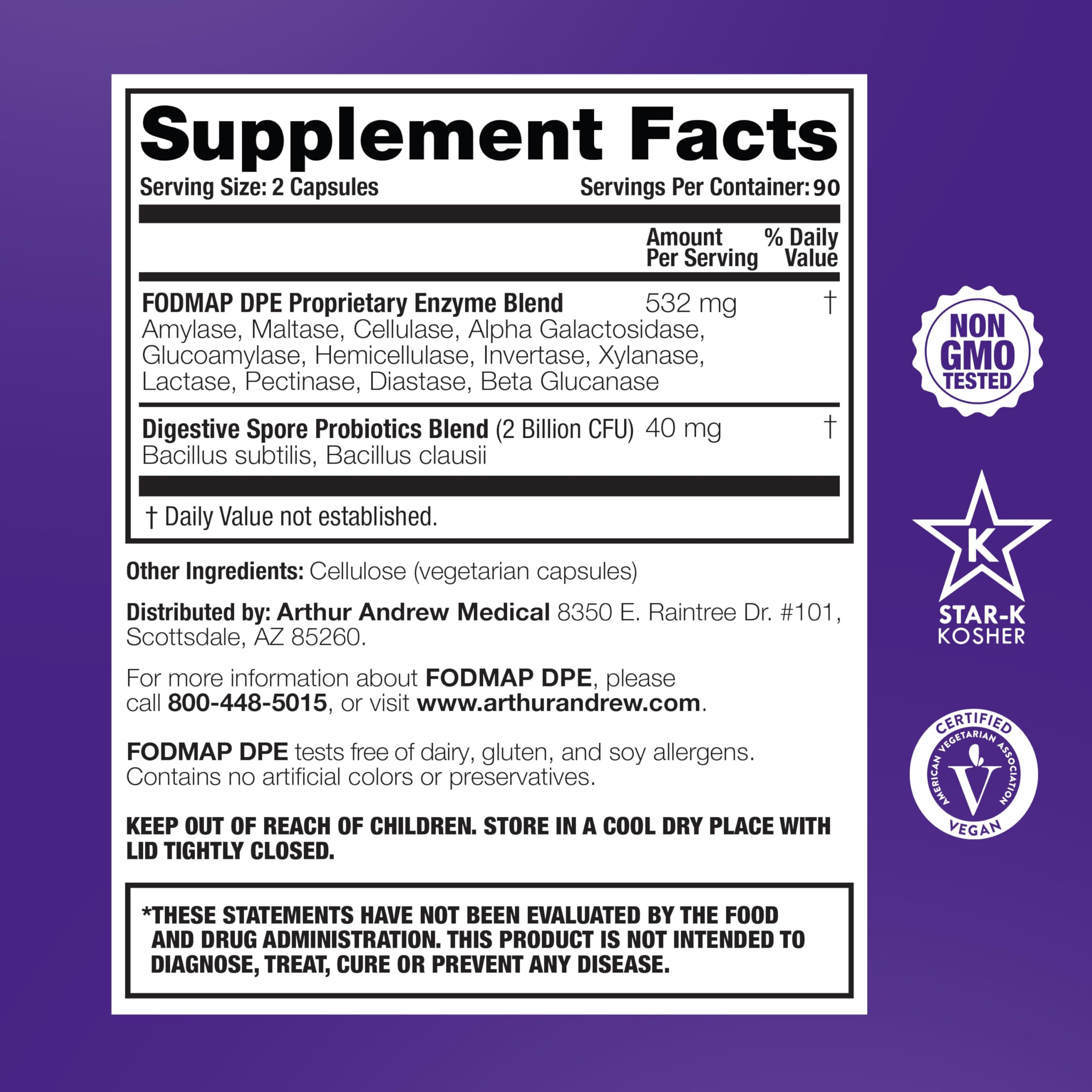 Arthur Andrew Medical, FODMAP DPE, Digestive Enzymes, 60 Capsules | Digestive Enzymes, & Probiotics For FODMAP Intolerance & The Digestion Of Fermentable Foods. Vegan, Non-GMO