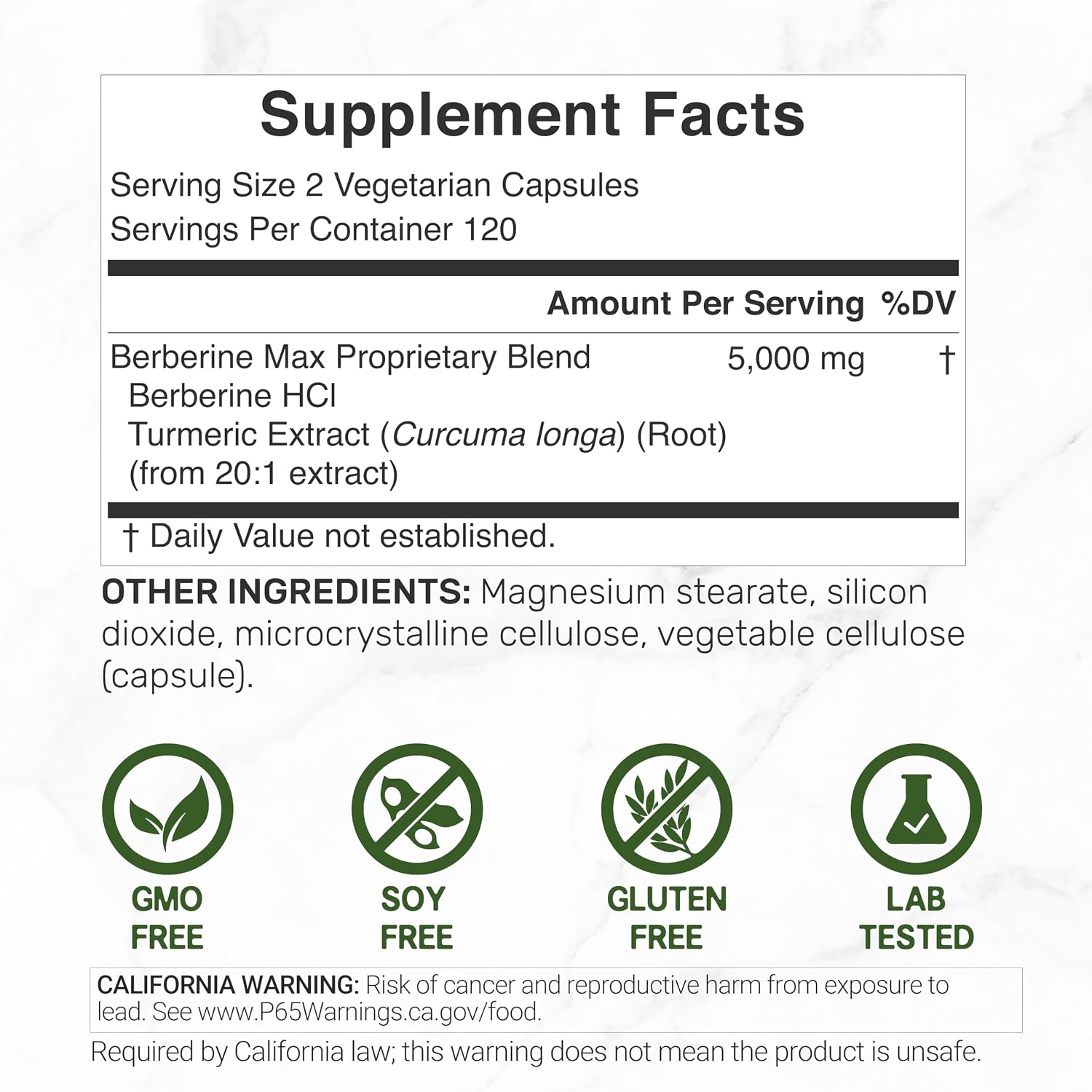 DEAL SUPPLEMENT Berberine Max Supplement with Turmeric, 5000 mg** Per Serving, 240 Vegetarian Capsules | Berberine HCl with Turmeric Root Extract | Non-GMO