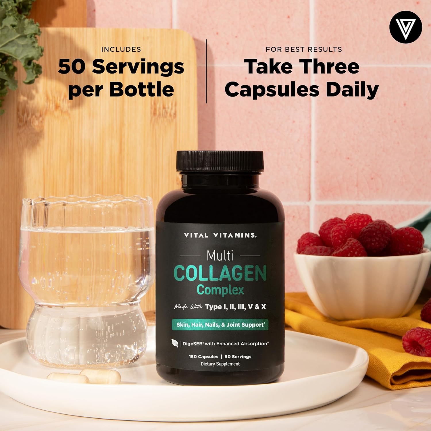 Vital Vitamins Multi Collagen Peptides Complex for Women & Men, 150 Pills | Supports Skin, Hair & Nails, 5 Collagen Types I II III V & X, Grass-Fed Non-GMO Collagen Supplements